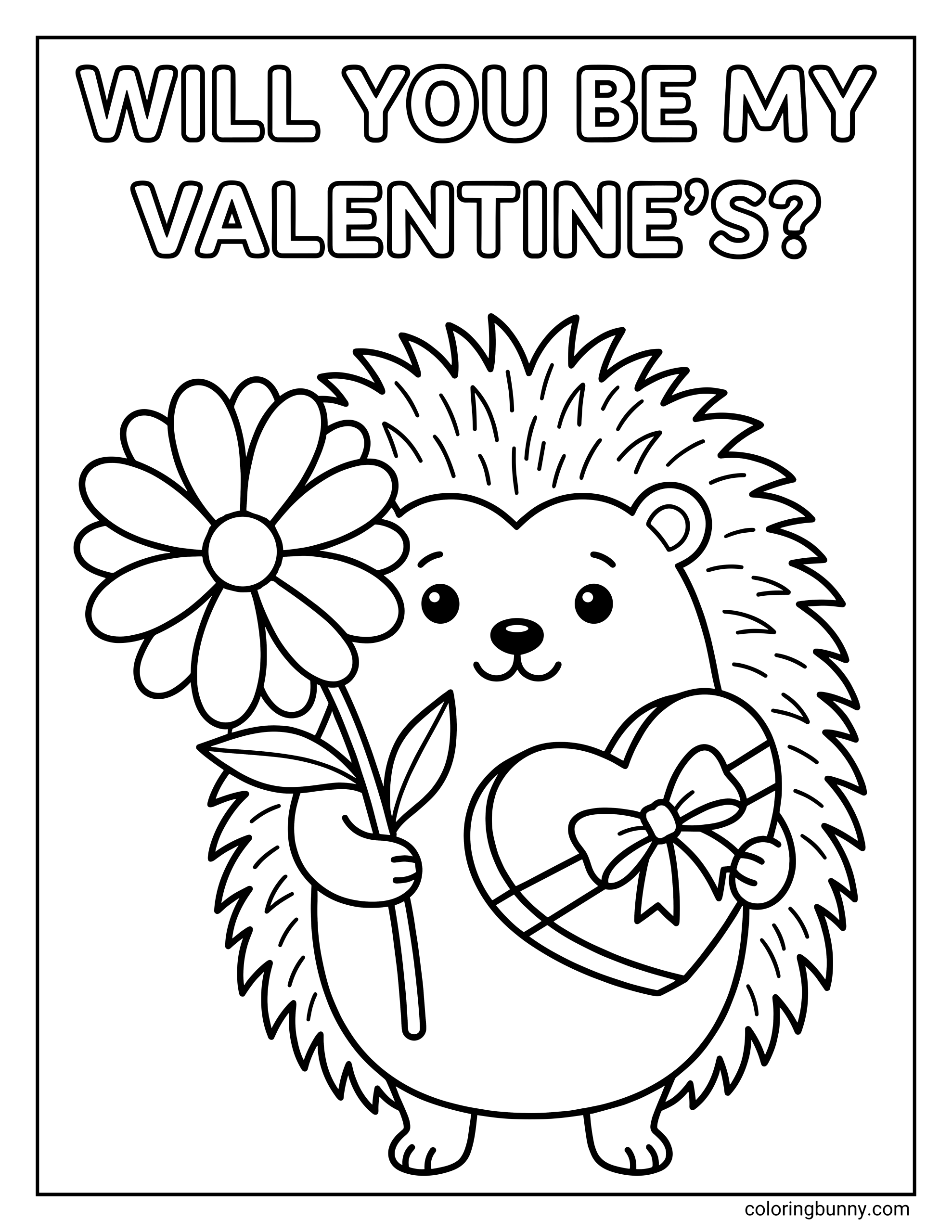 A coloring page of a cute hedgehog holding a large daisy and a heart-shaped box of chocolates under the text 'WILL YOU BE MY VALENTINE'S?