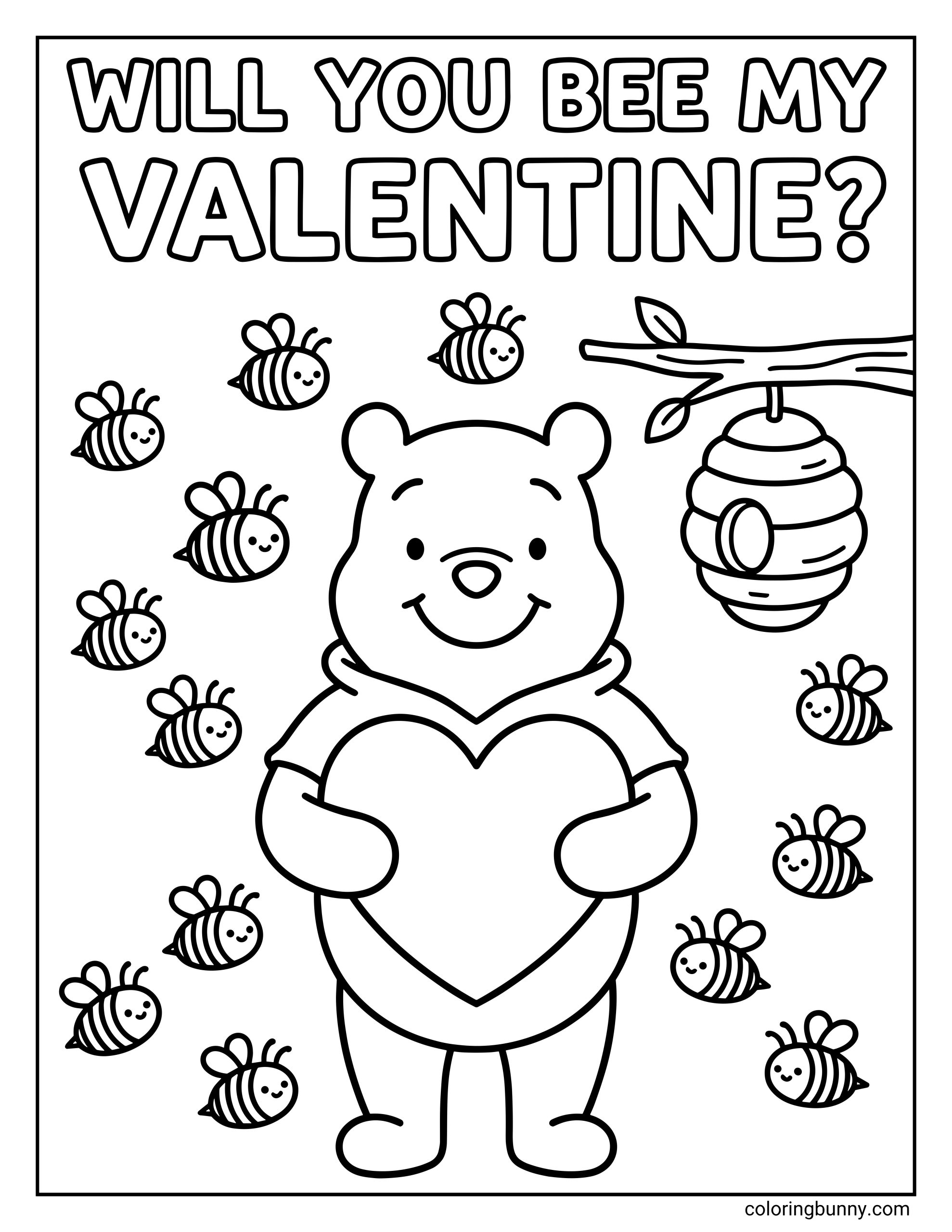 A Disney Valentine's coloring page of Winnie the Pooh holding a large heart. A beehive hangs from a tree branch, and several small bees fly in the background under the heading "WILL YOU BEE MY VALENTINE?"