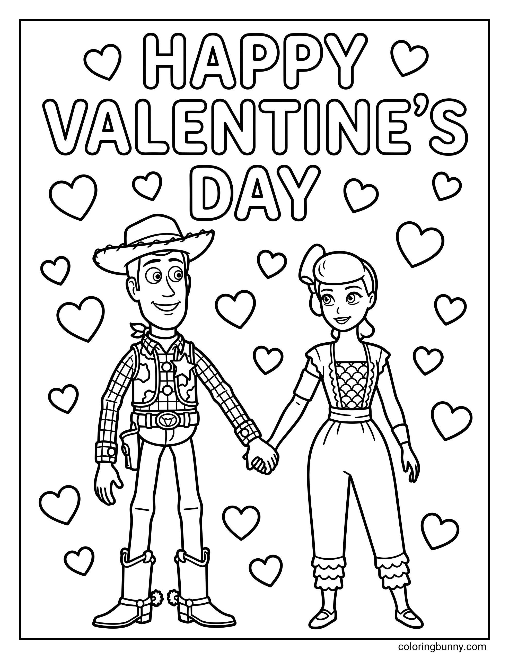 A black and white coloring page showing Bo Peep and Woody holding hands, surrounded by many floating hearts below the text "HAPPY VALENTINE'S DAY."