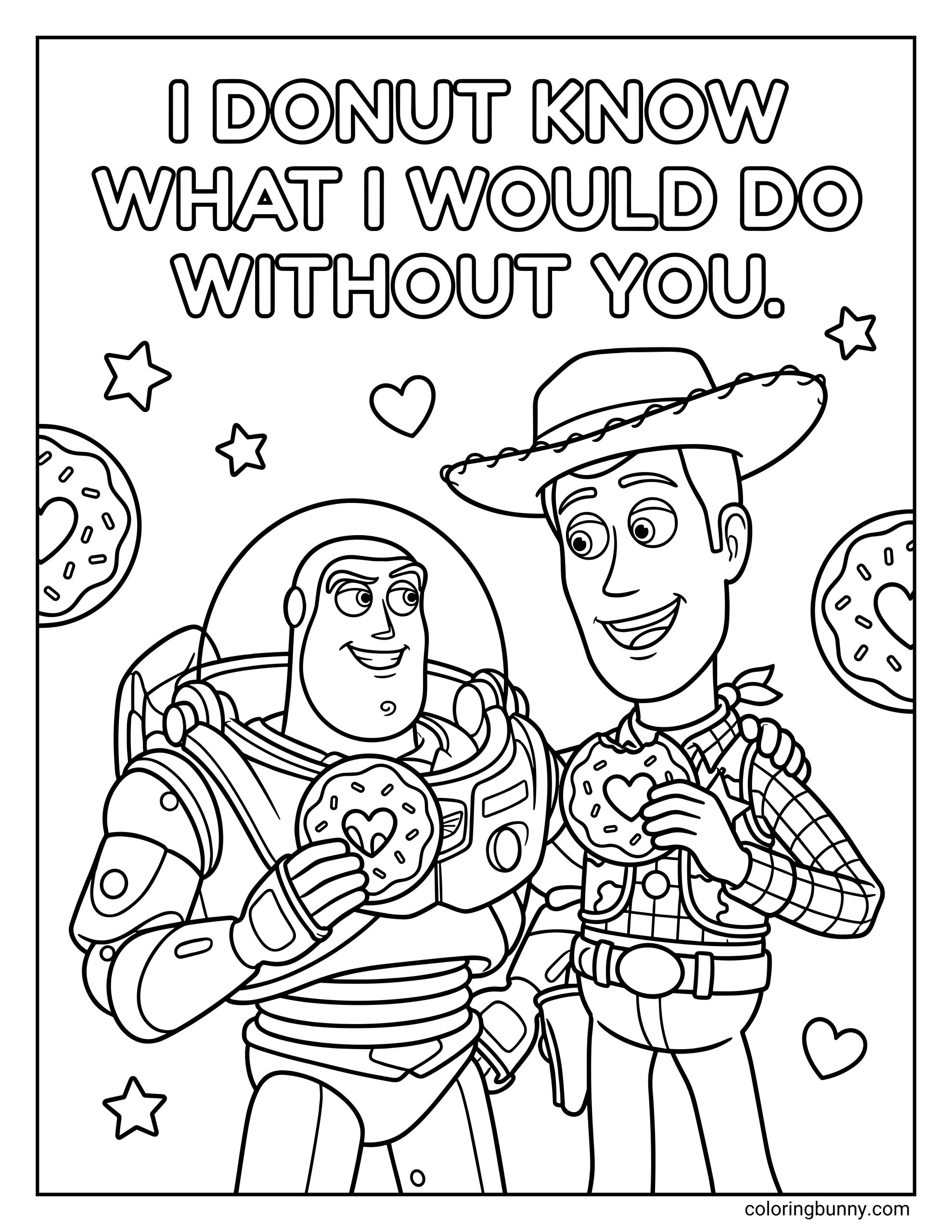 A Disney Valentine's Day coloring page showing Buzz Lightyear and Woody standing next to each other, each holding a donut with a heart-shaped center. The background is decorated with stars and small hearts under the punny heading "I DONUT KNOW WHAT I WOULD DO WITHOUT YOU."