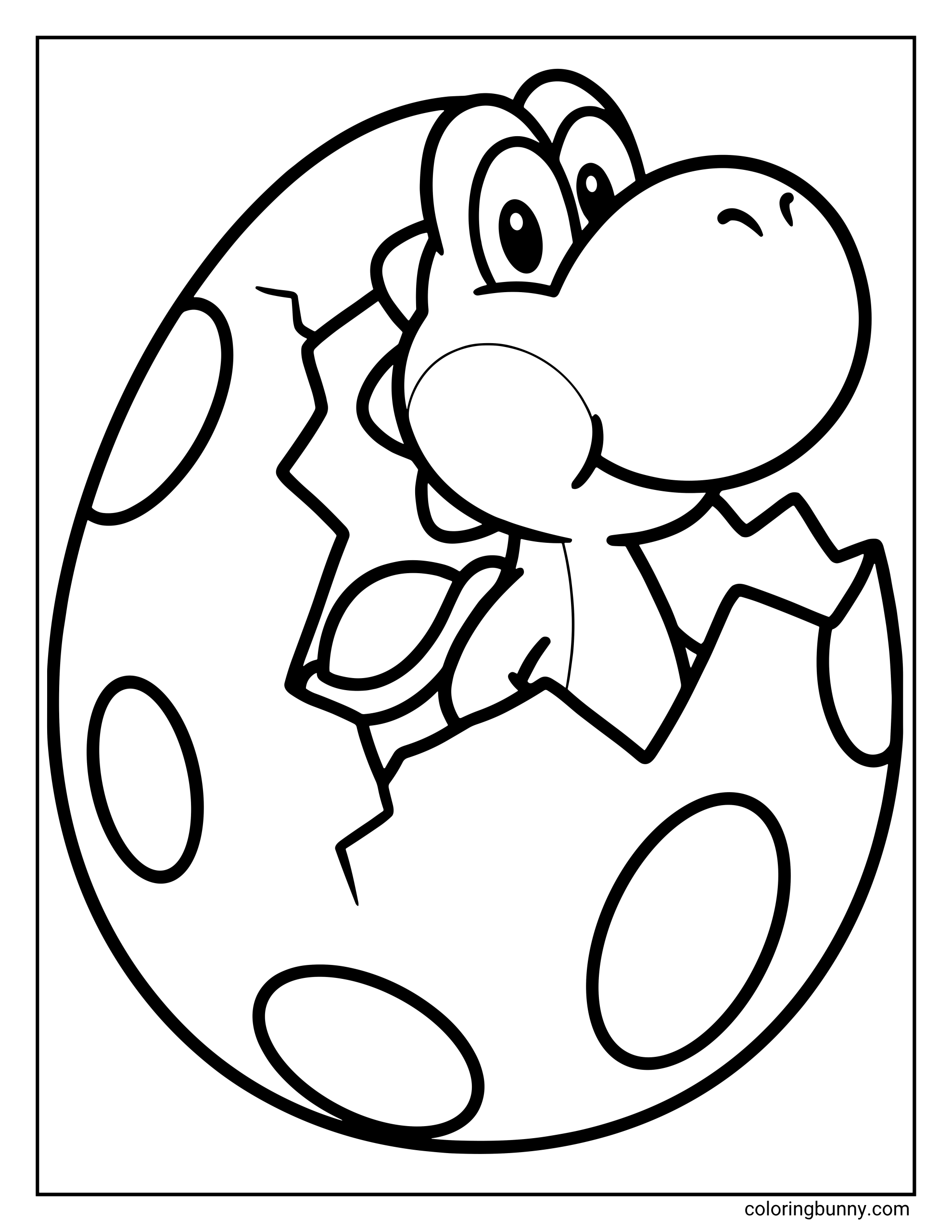 A simple coloring page of a baby Yoshi hatching from a spotted egg. Yoshi is peeking out from the cracked shell with a cheerful expression, his head and one arm visible. The egg features large, round spots, and the design uses bold, thick outlines perfect for easy coloring.