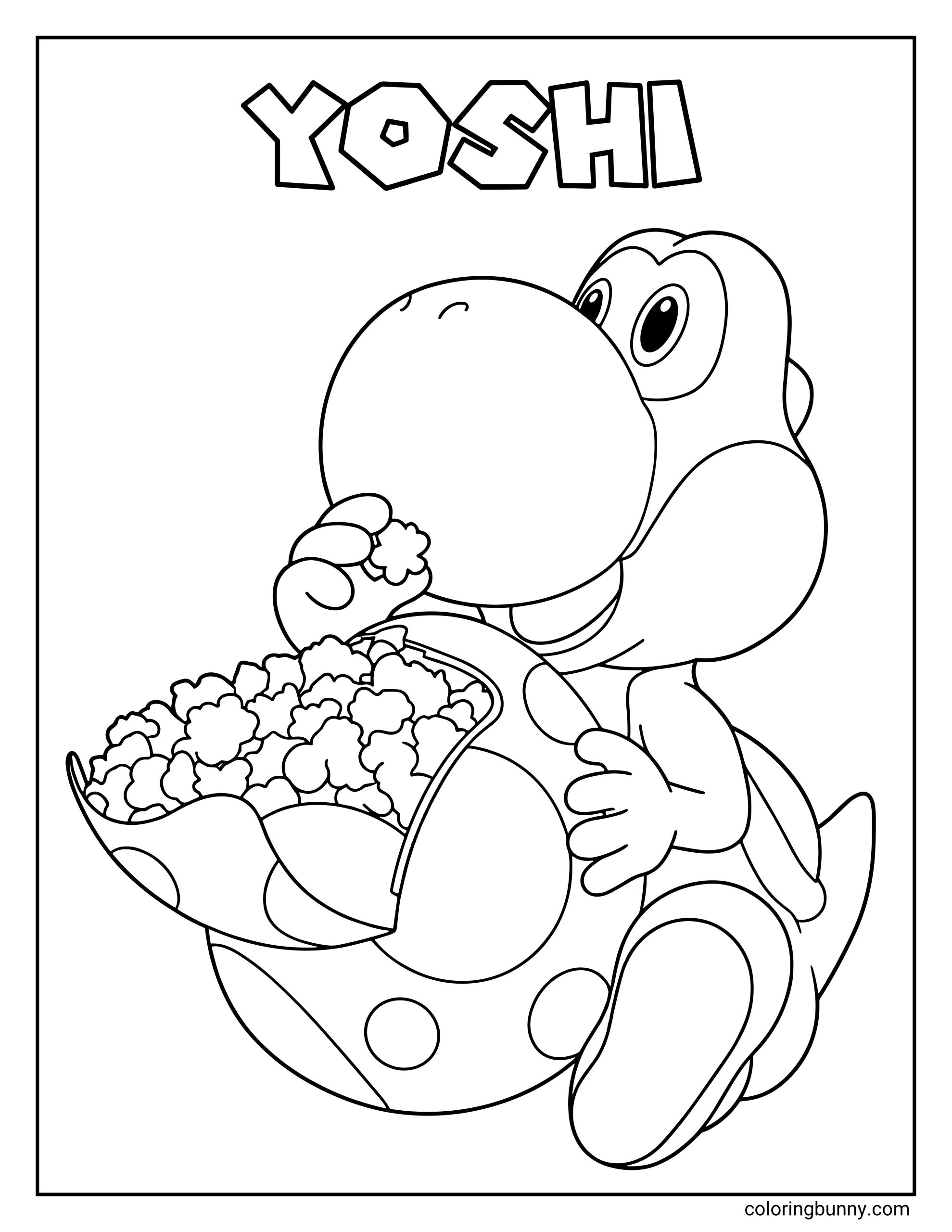 A playful coloring page of Yoshi from the Mario series sitting down and eating popcorn out of a cracked egg. Yoshi is holding a piece of popcorn to his mouth with a happy expression. The name "YOSHI" is displayed in bold, bubbly letters at the top.