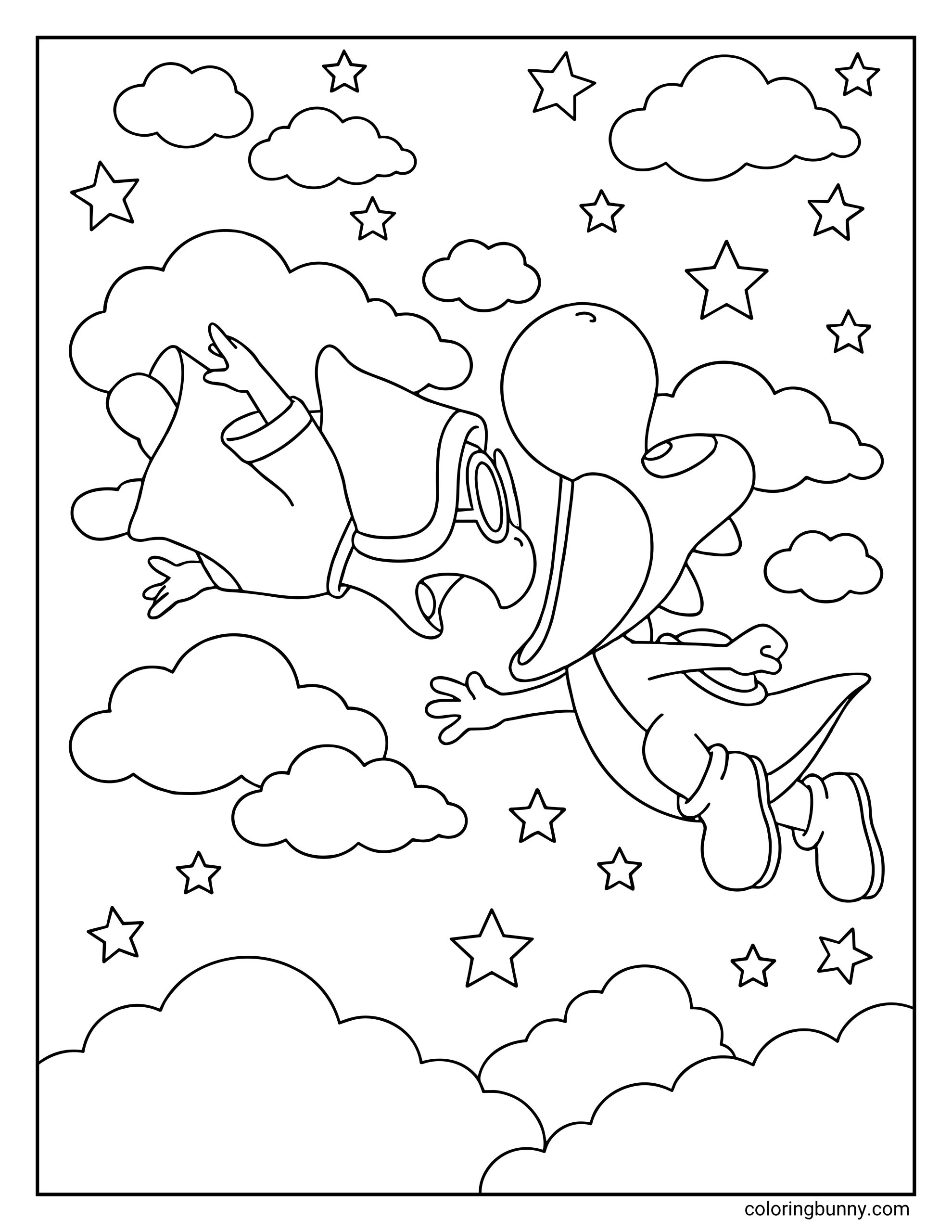 A coloring page of Yoshi floating through a starry sky with his mouth wide open as he chases the wizard Kamek (Magikoopa), surrounded by fluffy clouds and twinkling stars.