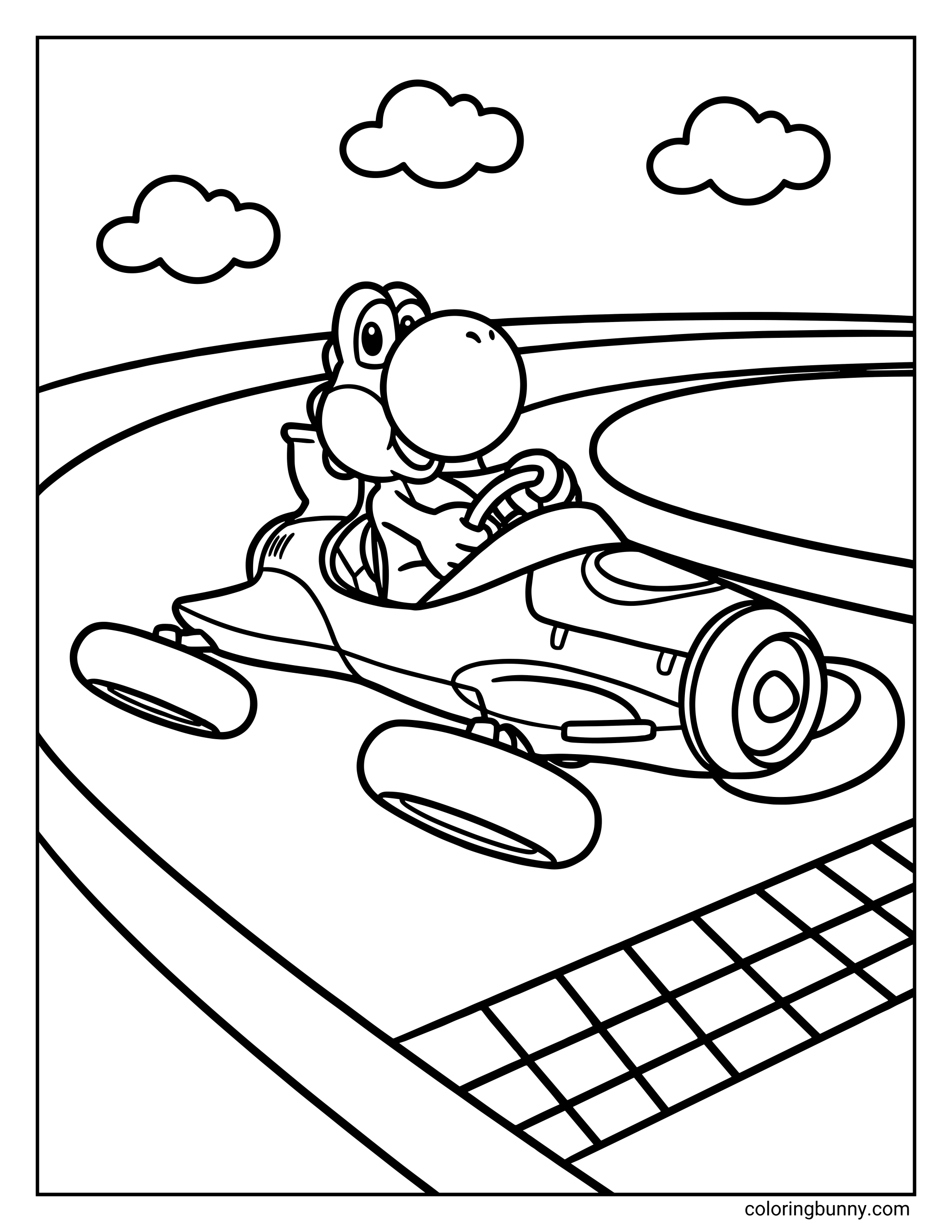 A Mario Kart-style coloring page featuring Yoshi driving a sleek go-kart along a curving racetrack. Yoshi grips the steering wheel with a focused, cheerful expression as the track bends ahead, with motion lines, open road space, and fluffy clouds in the sky. The kart and track are drawn with bold, clean outlines.
