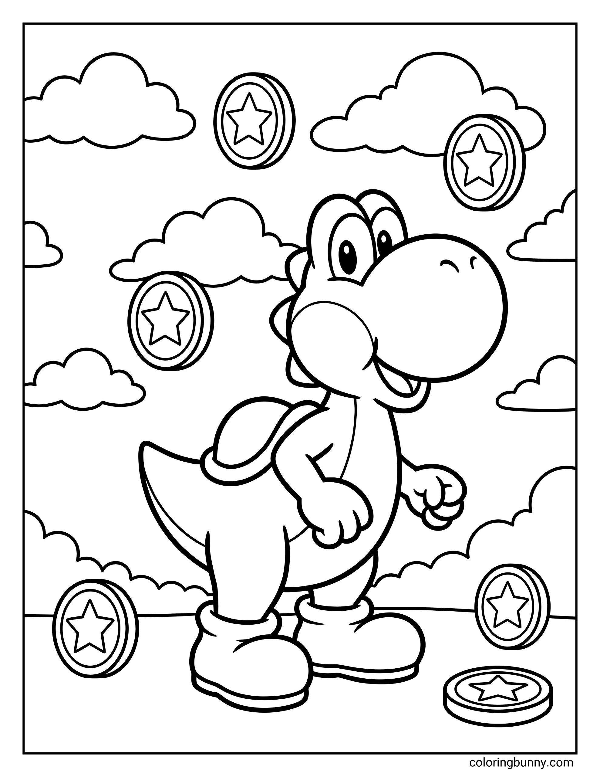 A fun Yoshi coloring page featuring the cheerful green dinosaur from the Mario games, shown standing upright in his boots with floating star coins all around, fluffy clouds in the background, and a playful cartoon style.