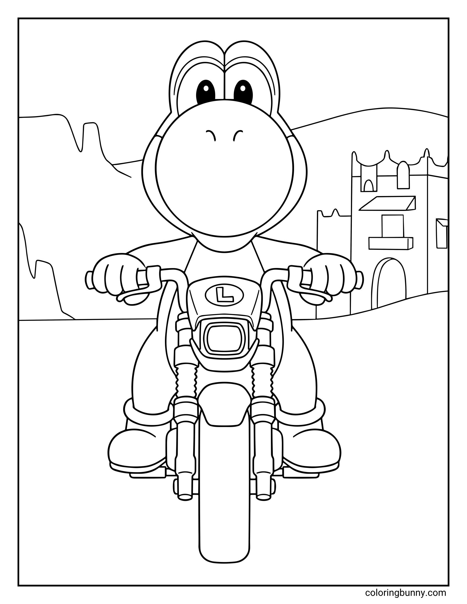 A simple coloring page of Yoshi from the Super Mario Galaxy Movie riding a motorcycle head-on toward the viewer. The motorcycle features an "L" logo on the front, and Yoshi is gripping the handlebars with a focused expression. In the background, there is a simple desert landscape with a small building.
