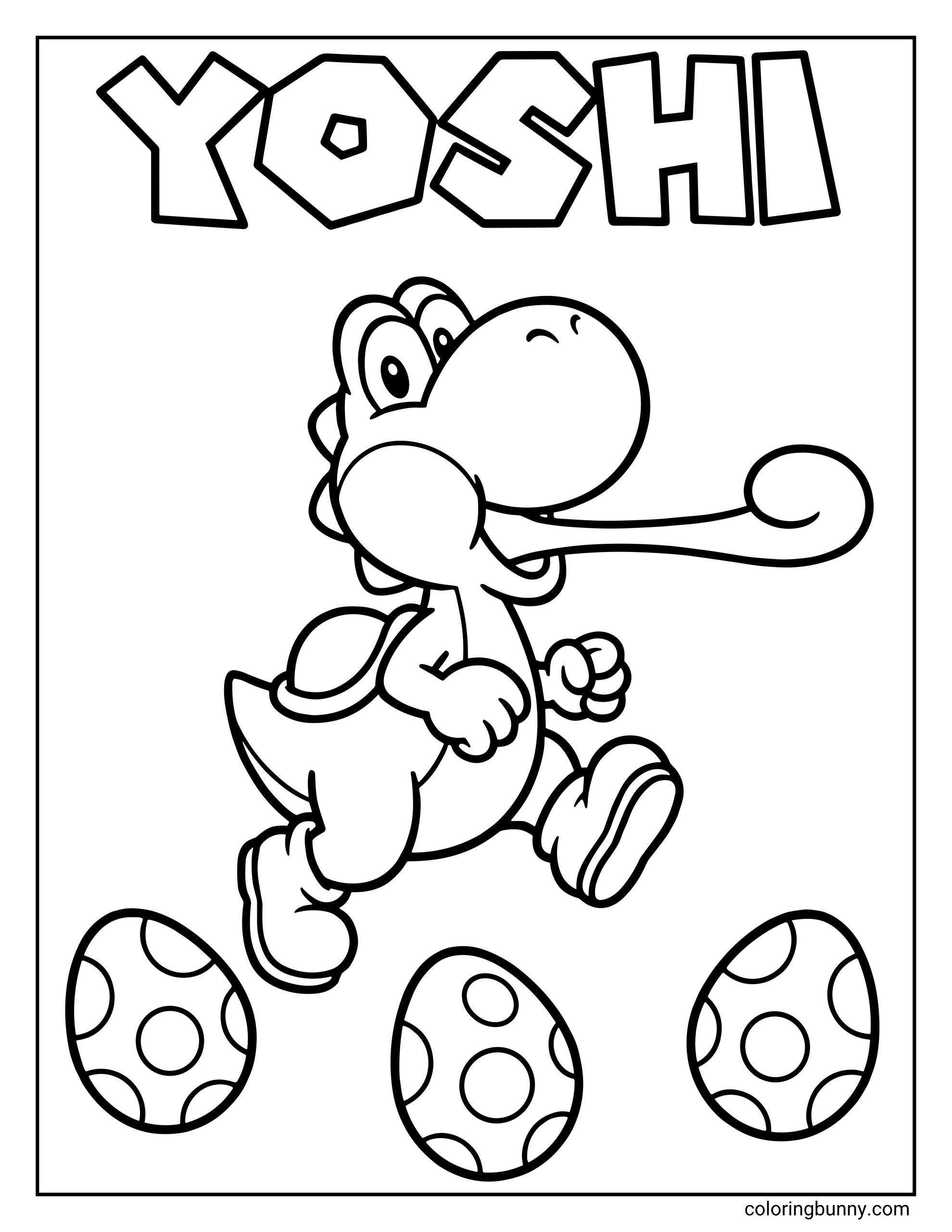 A fun coloring page featuring Yoshi from the Mario series mid-stride, leaping over three spotted eggs. Yoshi has his long tongue extended in a playful curl, and his name, "YOSHI," is written in large, bubbly block letters at the top.