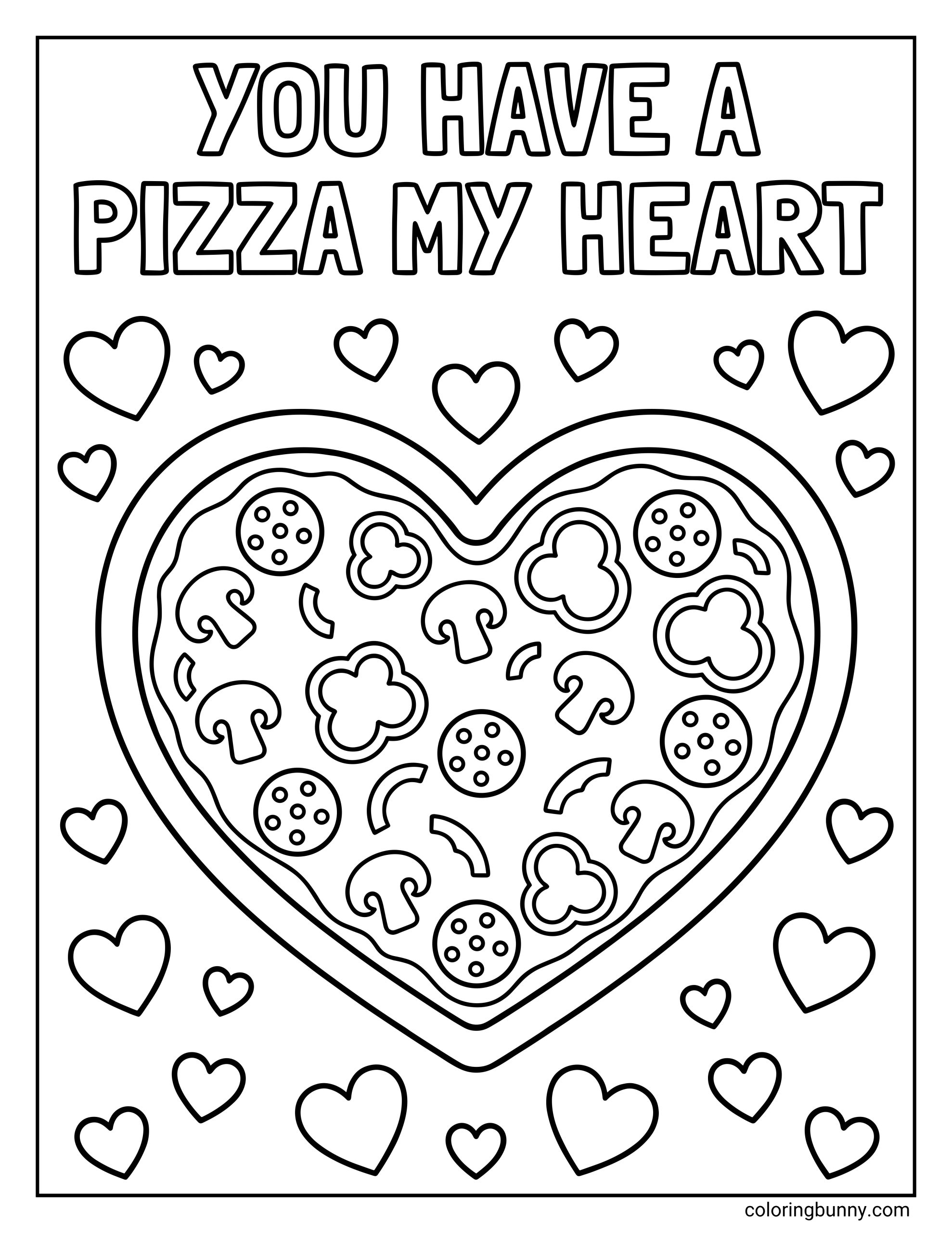 A heart coloring page featuring a heart-shaped pizza topped with mushrooms, pepperoni, and cheese, surrounded by small heart shapes, with the phrase “You Have a Pizza My Heart” written above in bold outlined letters.
