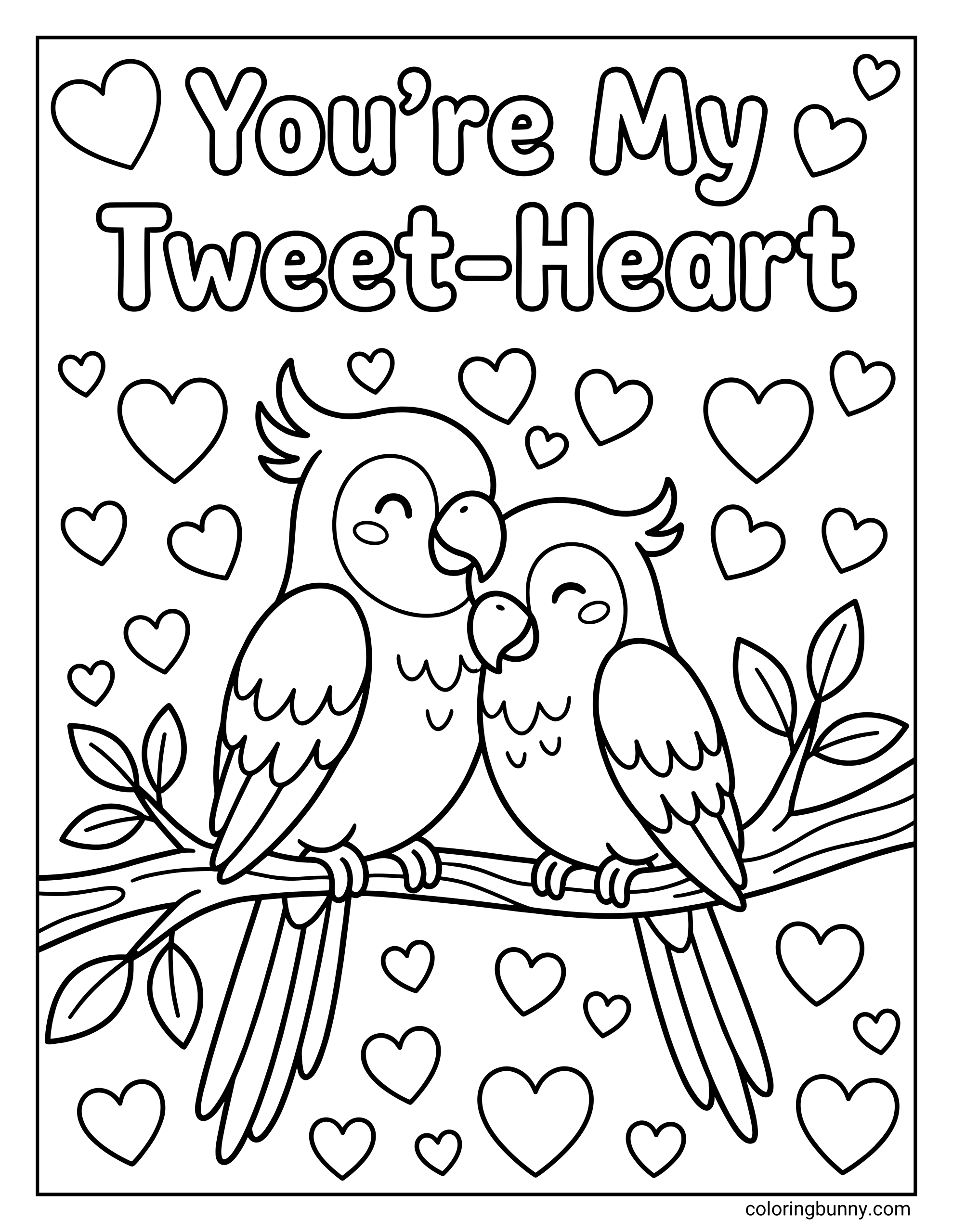 Valentine's Day coloring page featuring two cute birds perched on a tree branch with the pun text 'You're My Tweet-Heart' surrounded by a background of floating hearts.