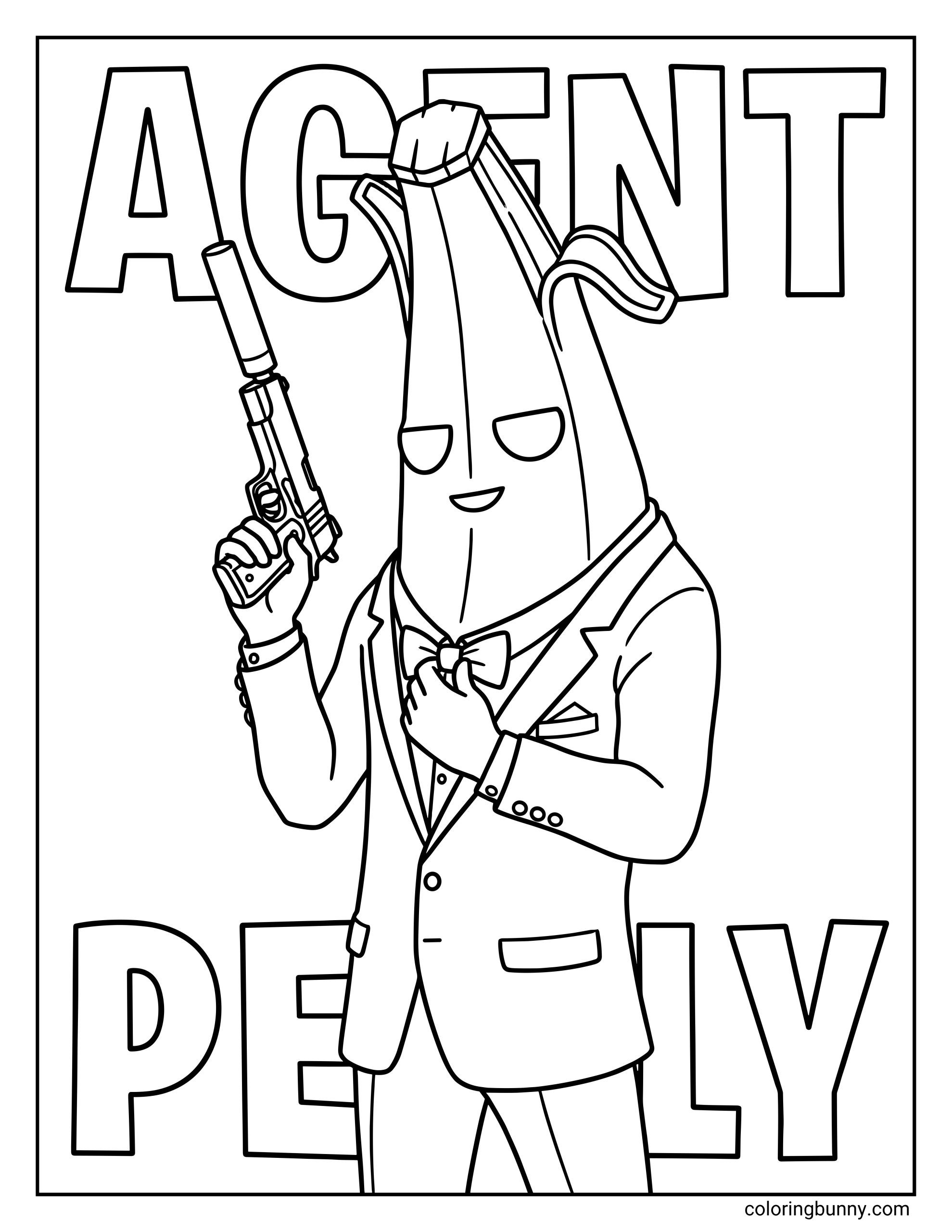 A coloring page featuring Agent Peely from Fortnite wearing a suit and bow tie, holding a silenced pistol while adjusting his tie.