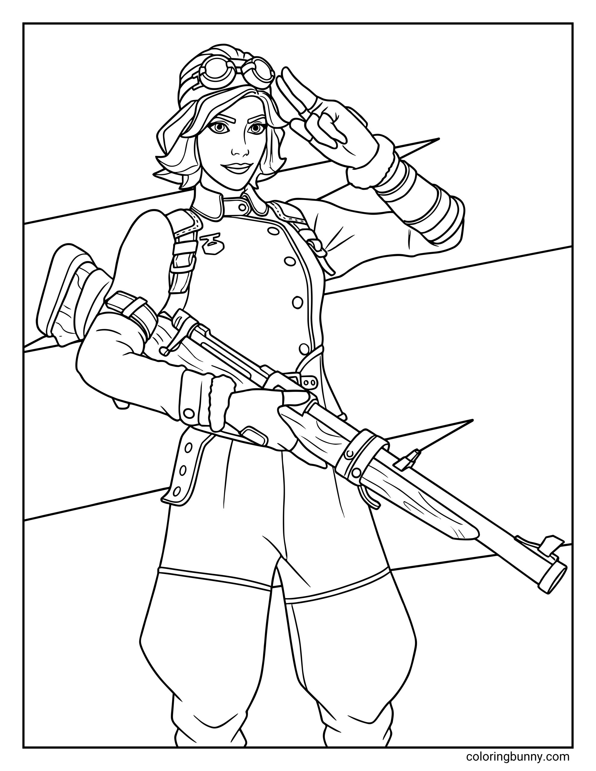 A coloring page of the Fortnite character Airheart saluting with one hand while holding a rifle in the other, wearing aviator goggles and a pilot outfit.