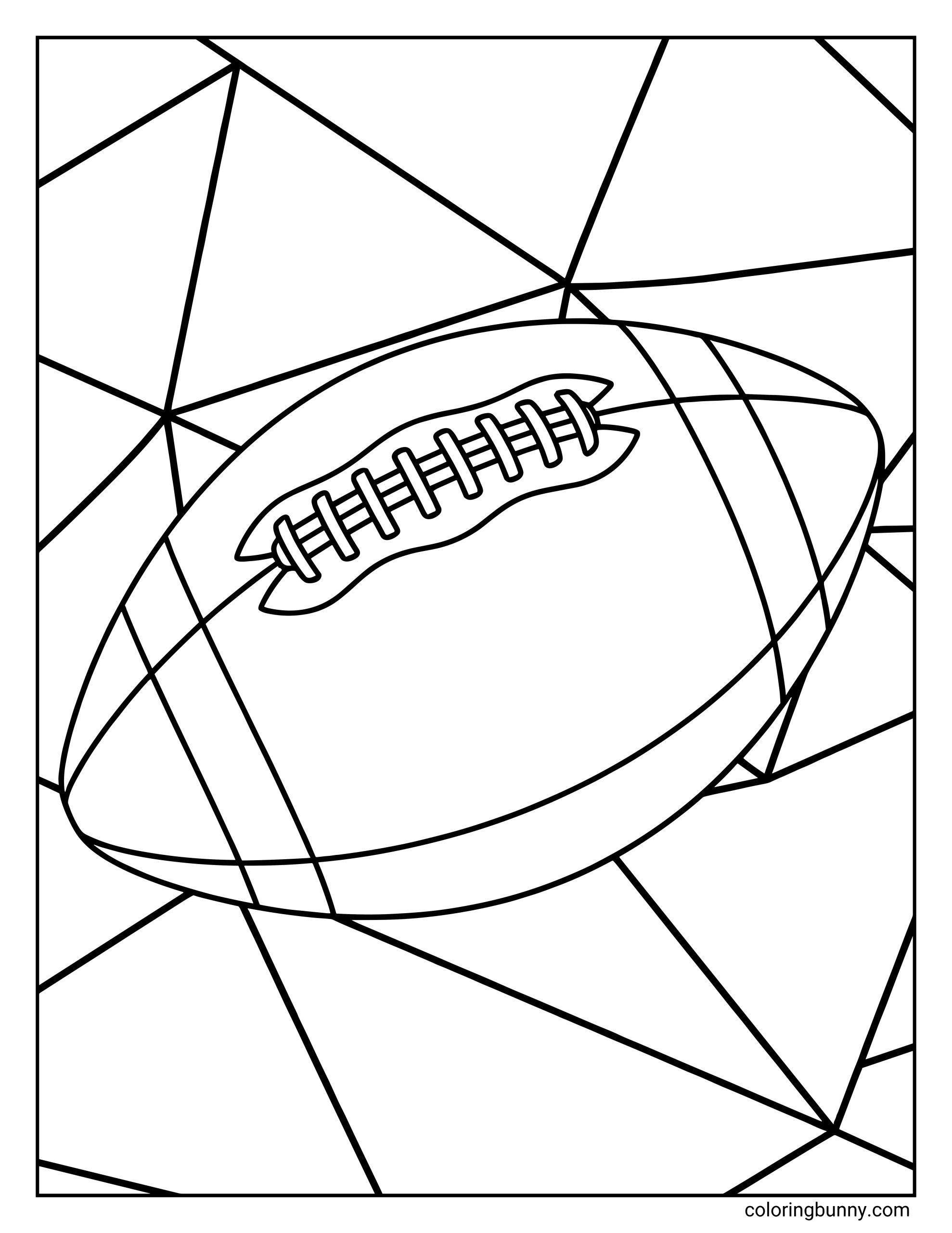 A geometric American football coloring page featuring a football surrounded by bold angular shapes.