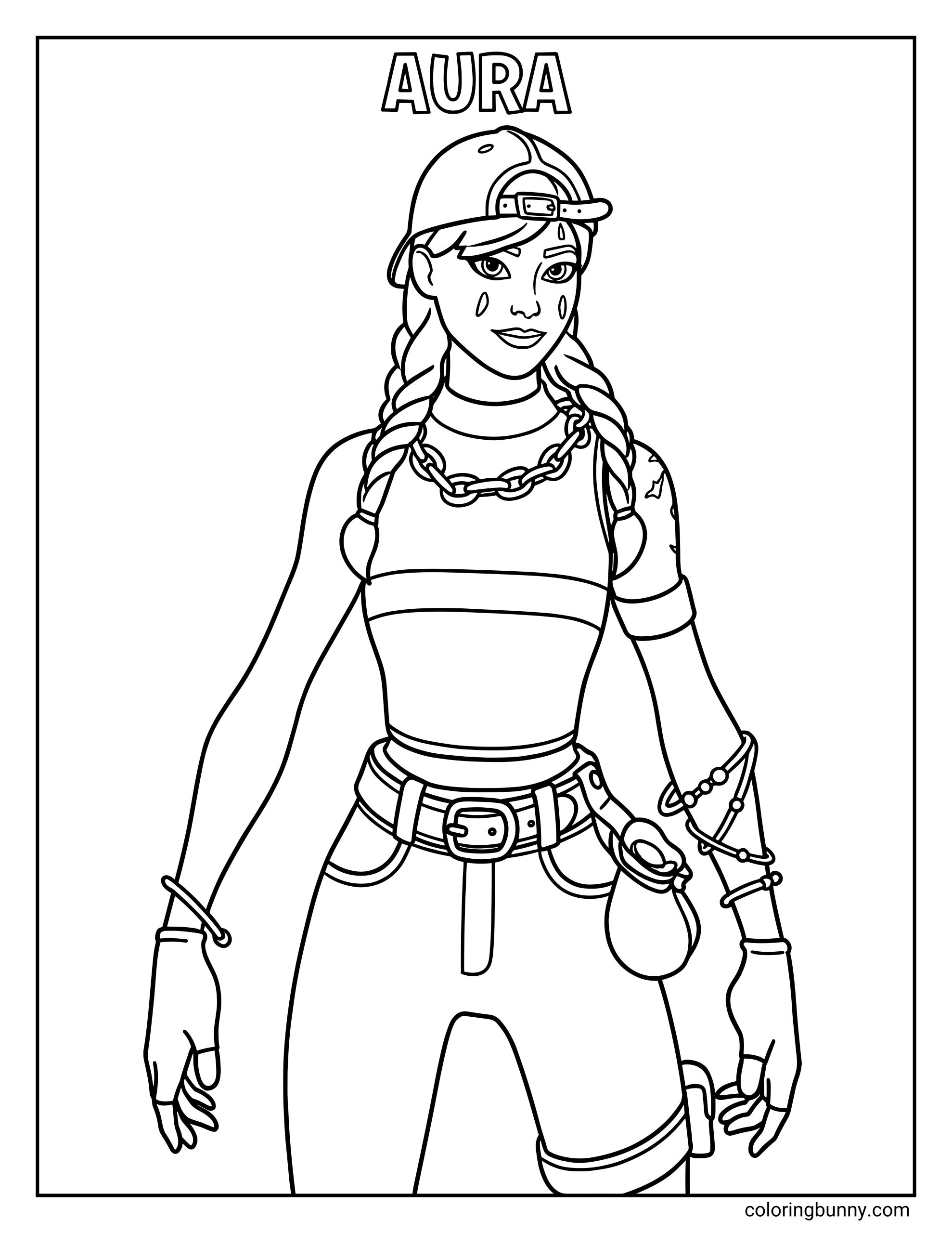 A coloring page of the Fortnite character Aura, wearing a backward hat, braided pigtails, and heavy chain necklaces, with the text "AURA" at the top.