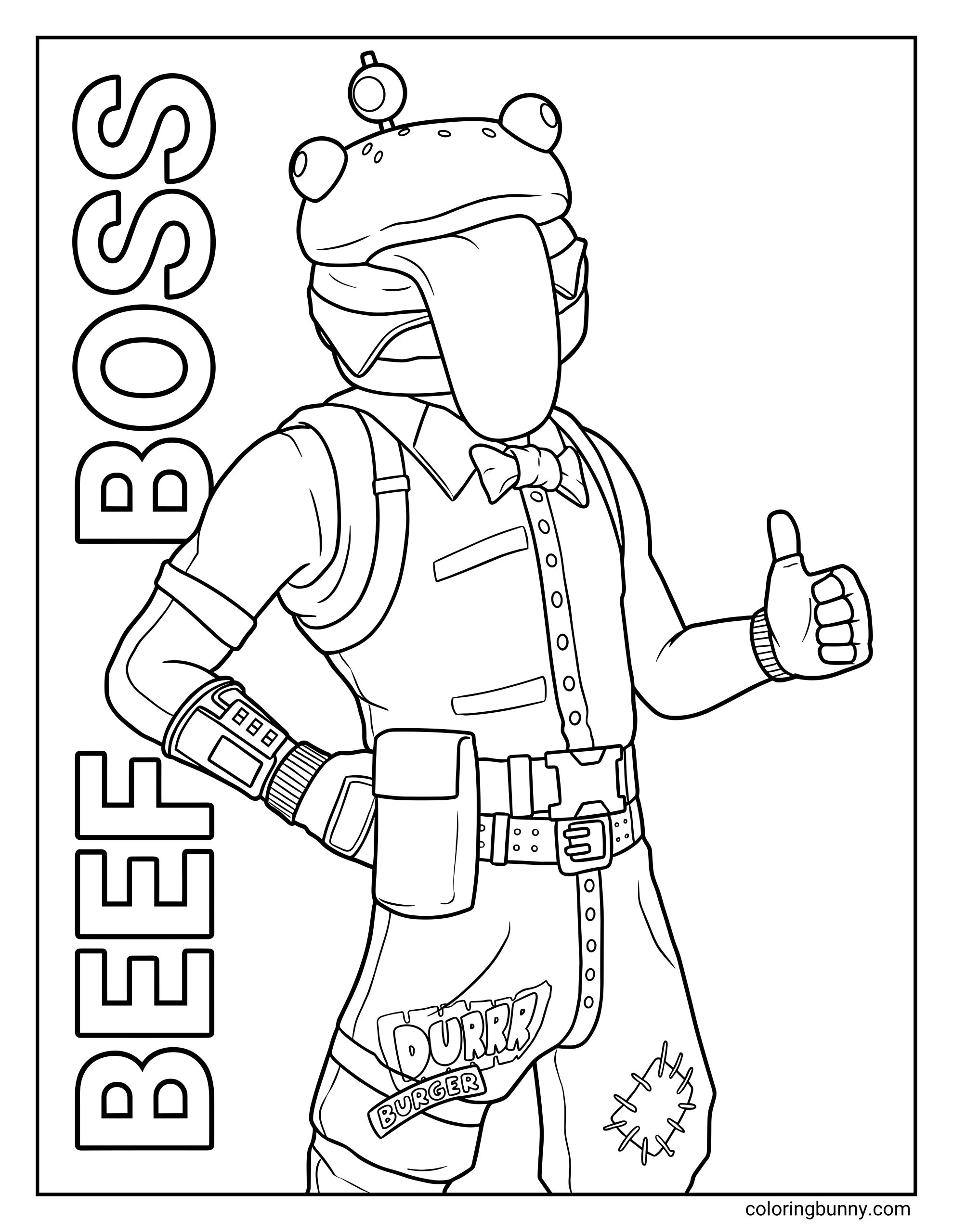 A coloring page of the Fortnite character Beef Boss, who has a hamburger head and is giving a thumbs-up, with the text "BEEF BOSS" on the side.