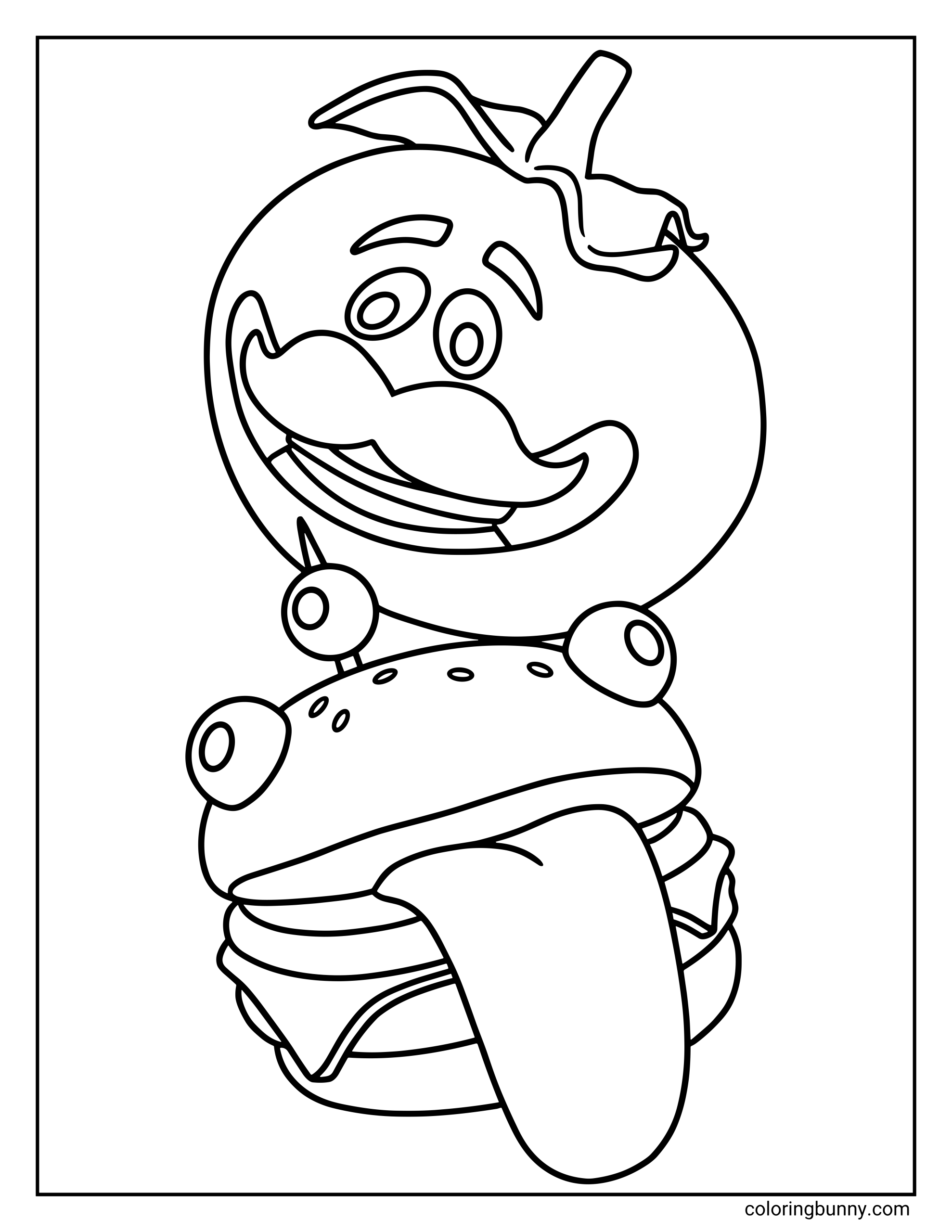 A funny Fortnite coloring page showing the head of Tomatohead balancing directly on top of Beef Boss's burger head, with his tongue sticking out.