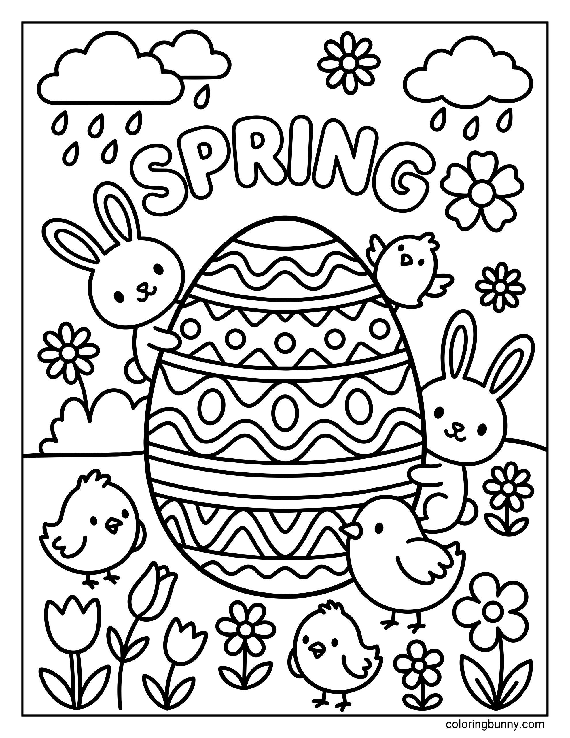 An easy Spring coloring page featuring the text "SPRING" above a giant decorated Easter egg surrounded by two rabbits and four chicks, with rain clouds and flowers in the background.