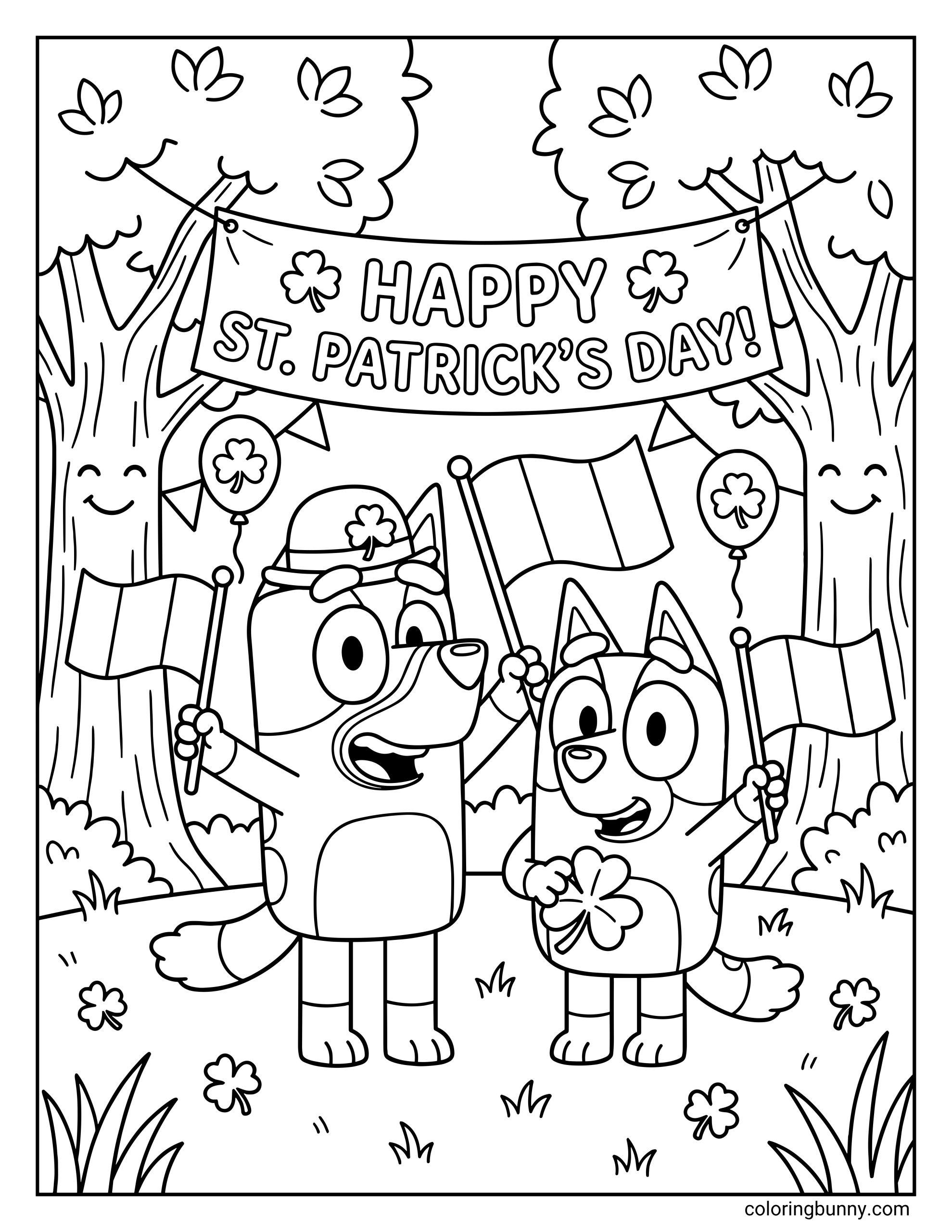 Bingo and Bluey St. Patrick's Day party coloring page featuring the sisters waving flags beneath a festive holiday banner. Smiling trees, shamrock balloons, and a large clover surround the pups
