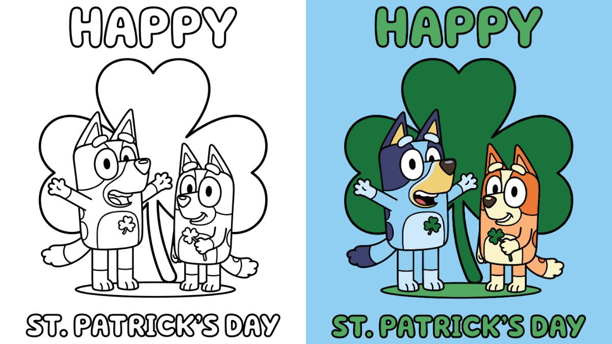 Bluey St. Patrick's Day Coloring Pages with Bluey and Bingo with Shamrocks