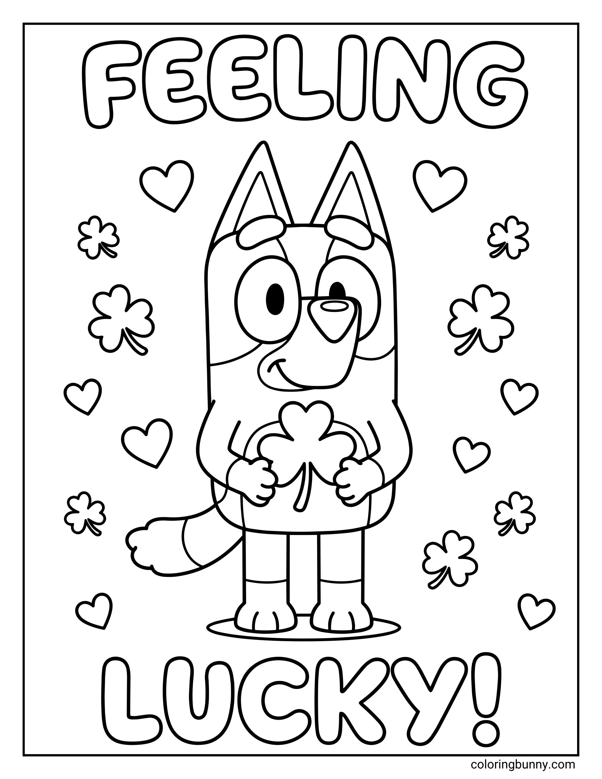 Cute Bluey St. Patrick’s Day coloring page featuring Bluey holding a shamrock and smiling, surrounded by clovers and hearts, with “Feeling Lucky!” text above and below.