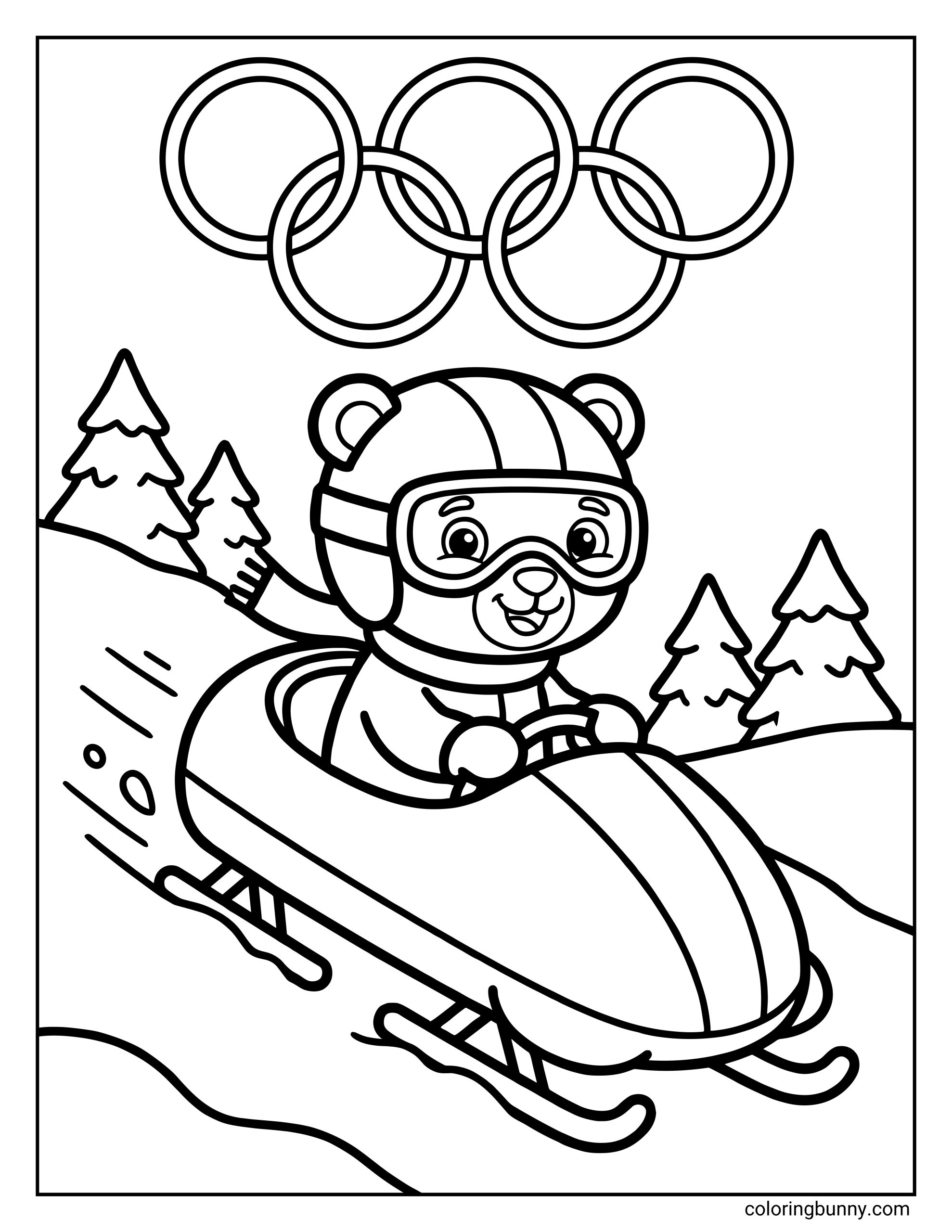 A cute Winter Olympics bobsled coloring page featuring a smiling bear wearing a helmet and goggles as it rides a bobsled down a snowy hill. Pine trees line the slope, and the Olympic rings appear above in the sky.