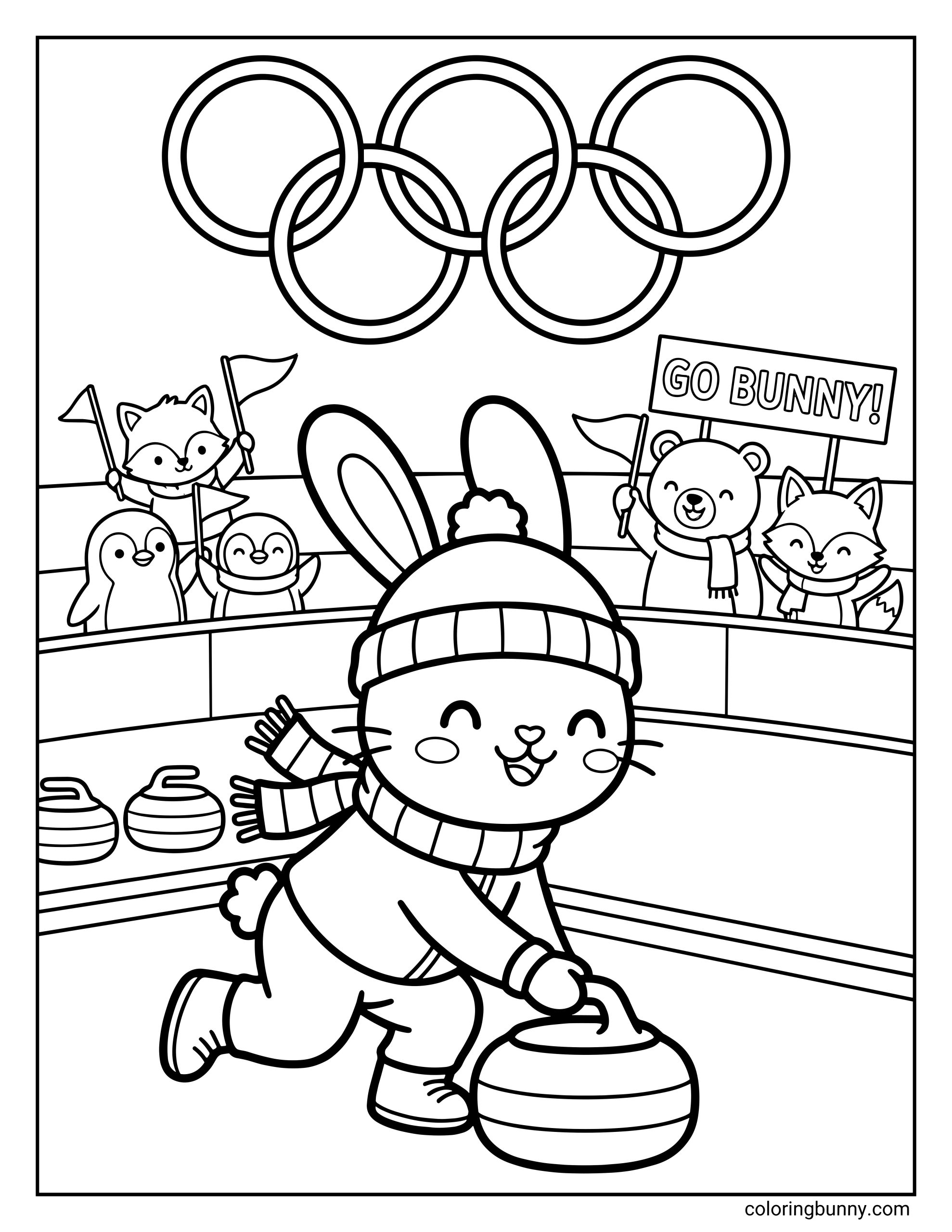 A cute Winter Olympics curling coloring page featuring a smiling bunny wearing a winter hat and scarf as it slides a curling stone across the ice. Friends in the stands cheer and hold flags and a “Go Bunny!” sign beneath the Olympic rings.