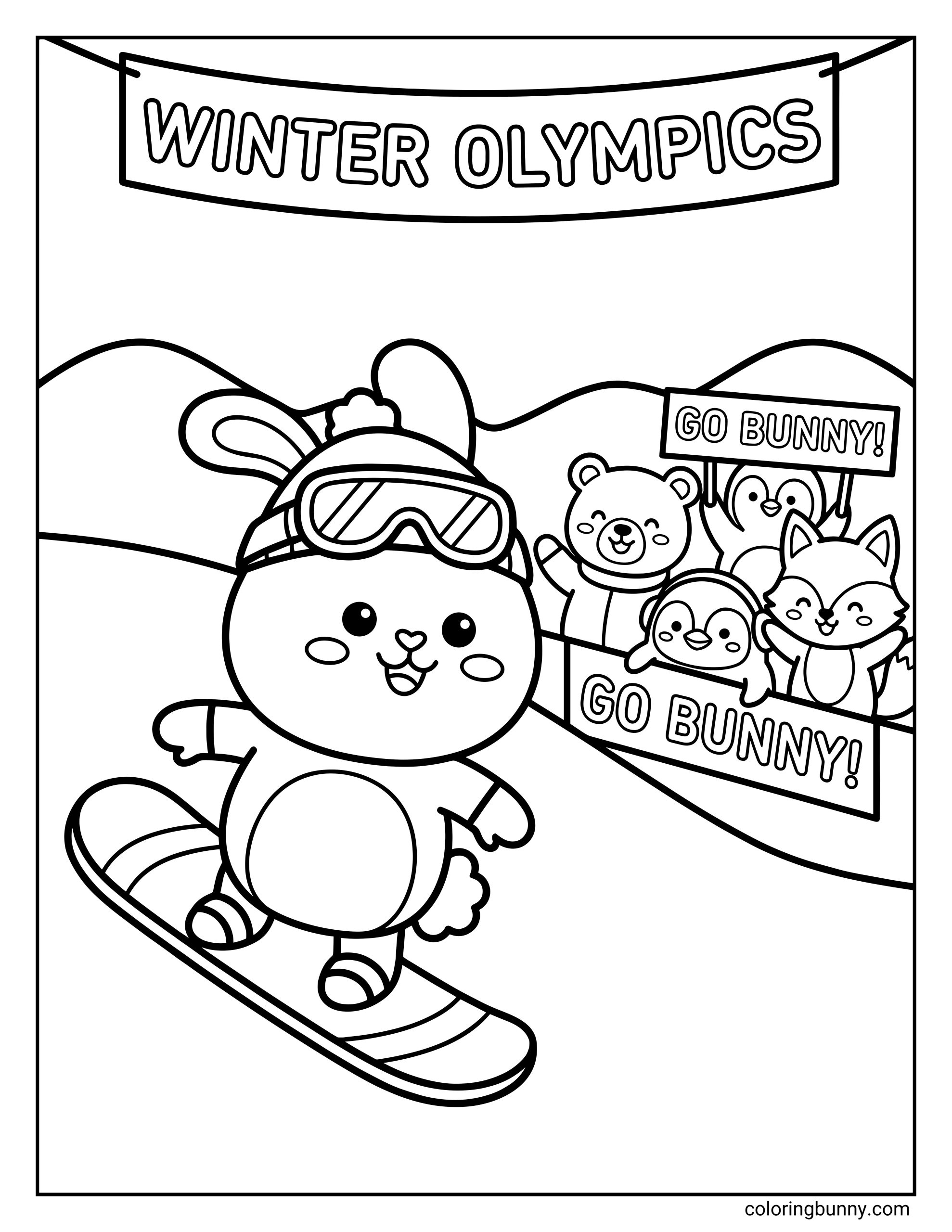 A cute Winter Olympics snowboarding coloring page featuring a smiling bunny wearing goggles and a winter hat while riding a snowboard down a snowy slope. Friends in the background hold signs that say “Go Bunny!” beneath a “Winter Olympics” banner.