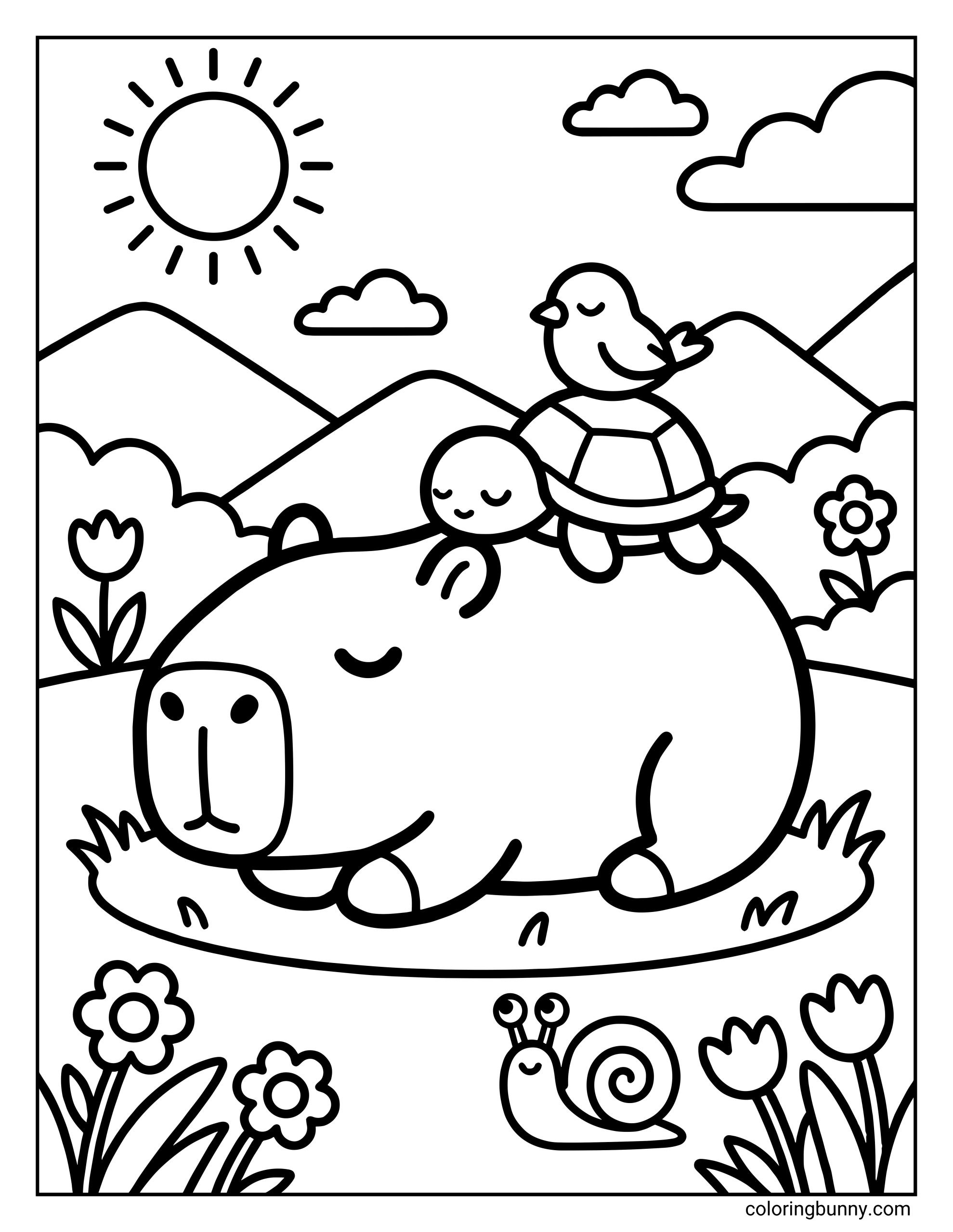 A capybara friends coloring page featuring a sleeping capybara resting peacefully in a grassy meadow, with a turtle, and a bird, napping on its back, surrounded by flowers, rolling hills, clouds, a snail and a bright sun.