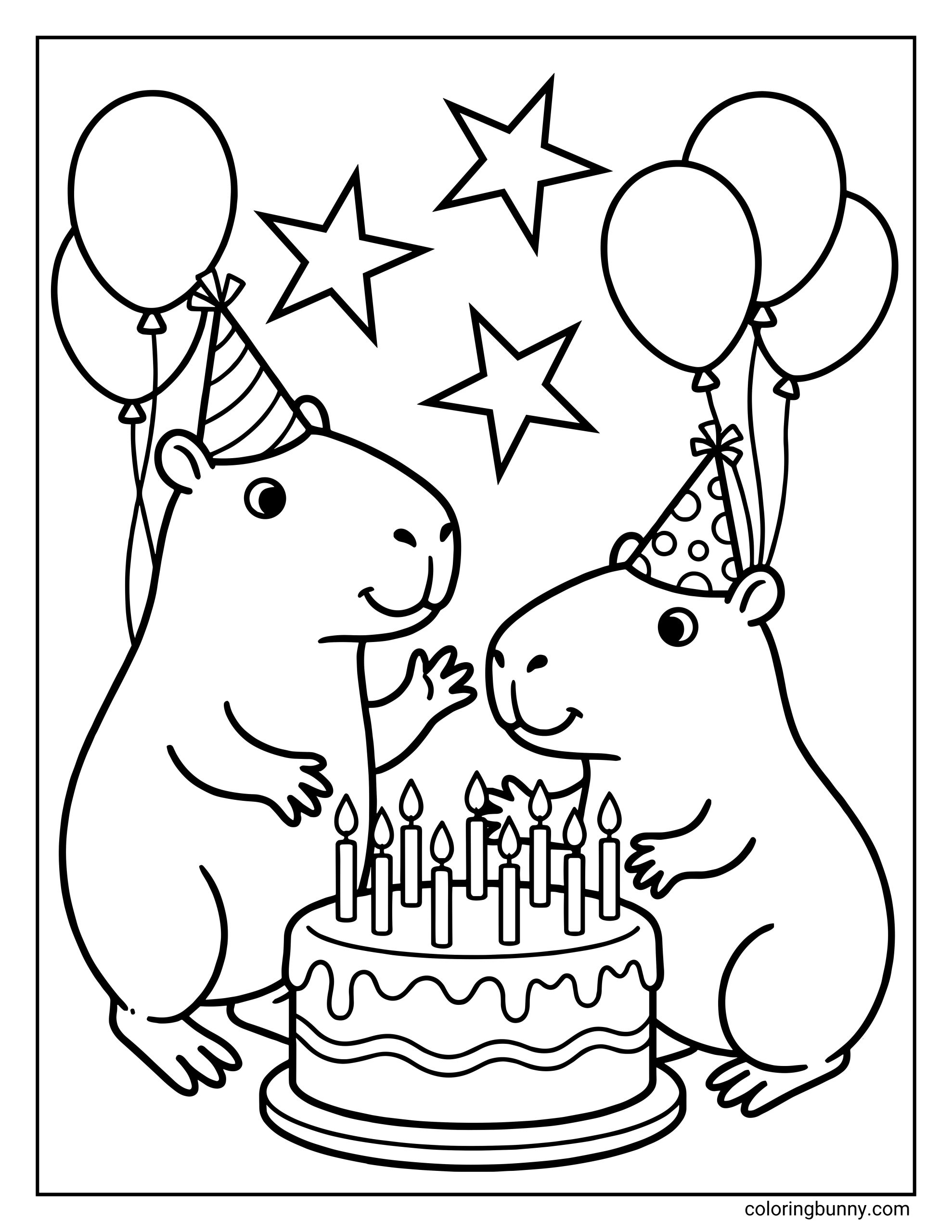 A capybara birthday coloring page featuring two happy capybaras wearing party hats, standing beside a birthday cake with lit candles, balloons, and stars, creating a festive celebration scene.