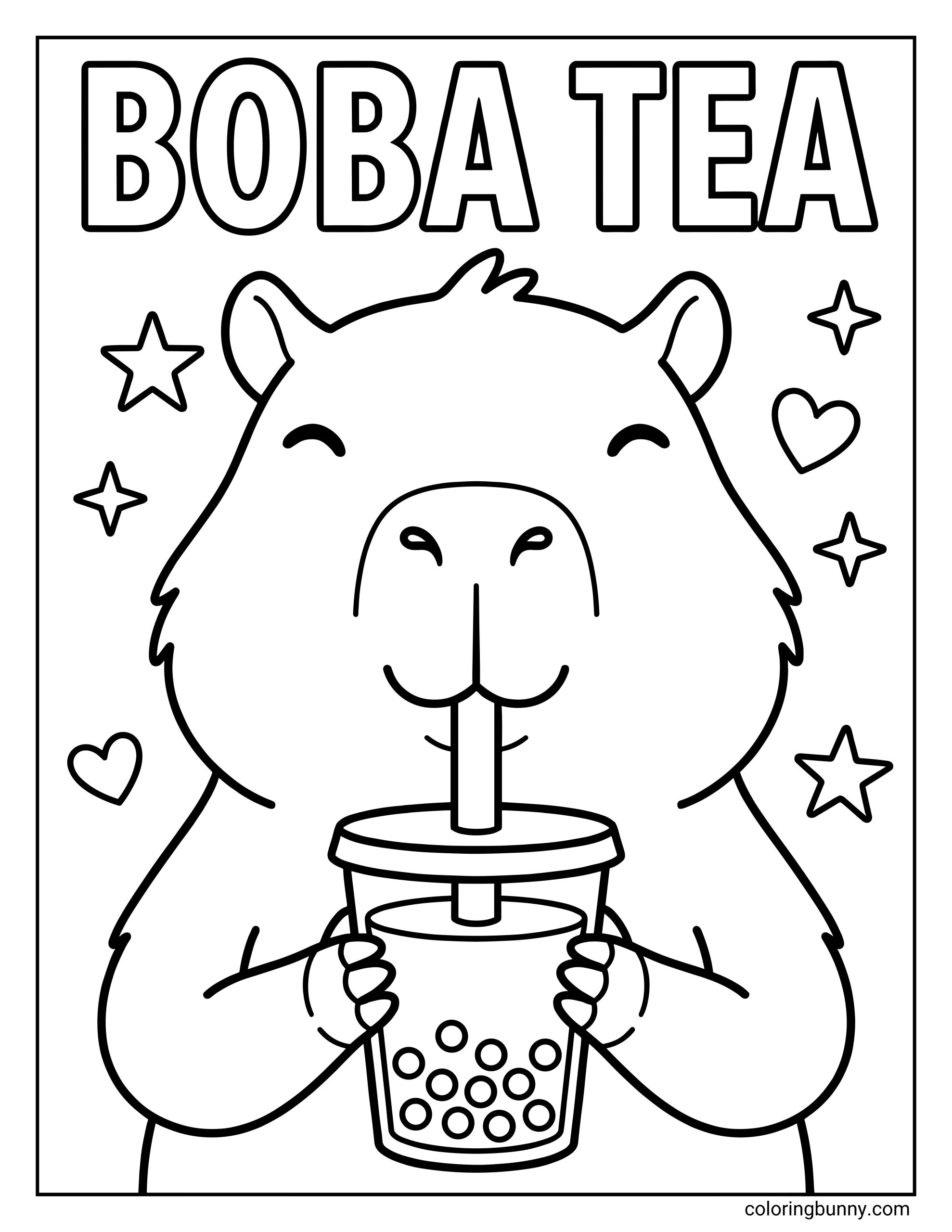A capybara boba tea coloring page featuring a smiling capybara holding a cup of bubble tea with a straw, surrounded by hearts and stars, with bold “Boba Tea” text at the top.
