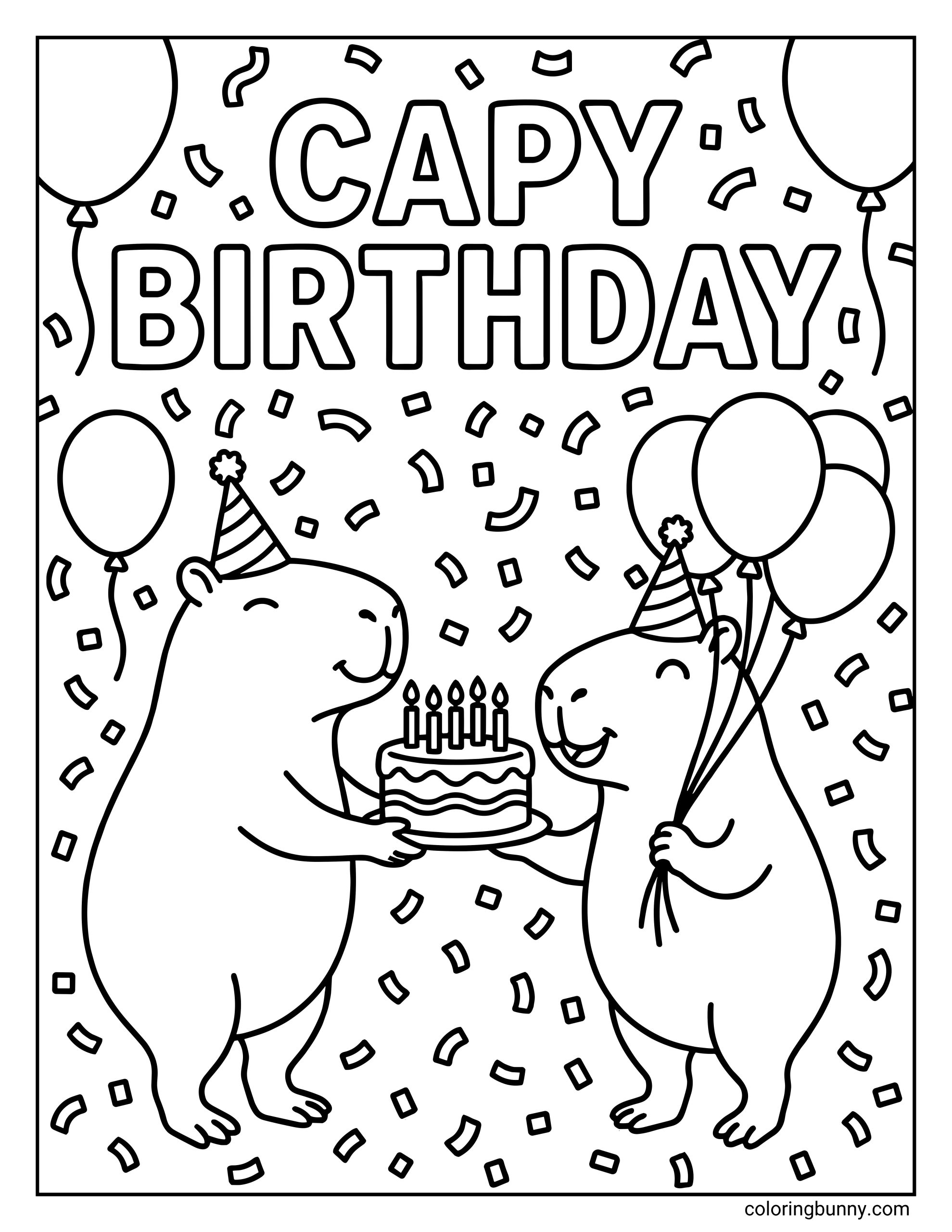 A cute “Capy Birthday” coloring page featuring two happy capybaras wearing party hats, holding a birthday cake and balloons, surrounded by confetti and festive decorations.