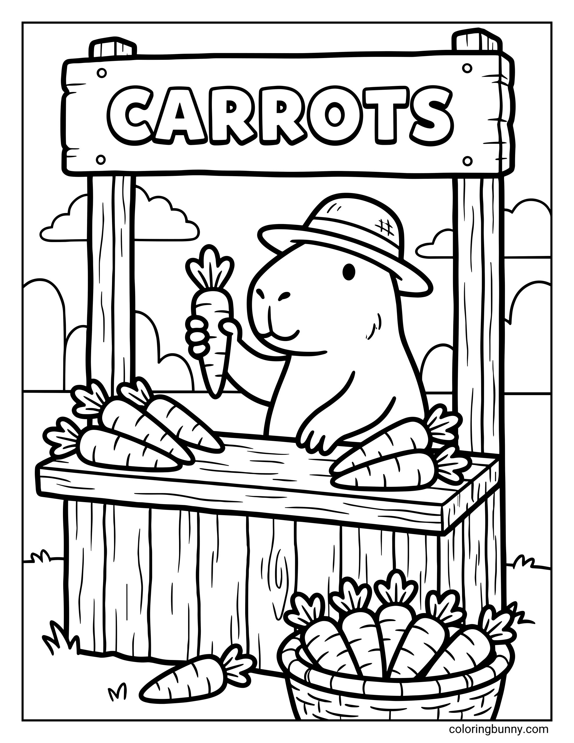 A fun capybara coloring page featuring a capybara wearing a hat and selling carrots at a wooden market stall, holding a carrot beside a basket and table full of carrots, with a “Carrots” sign overhead and a simple outdoor background.