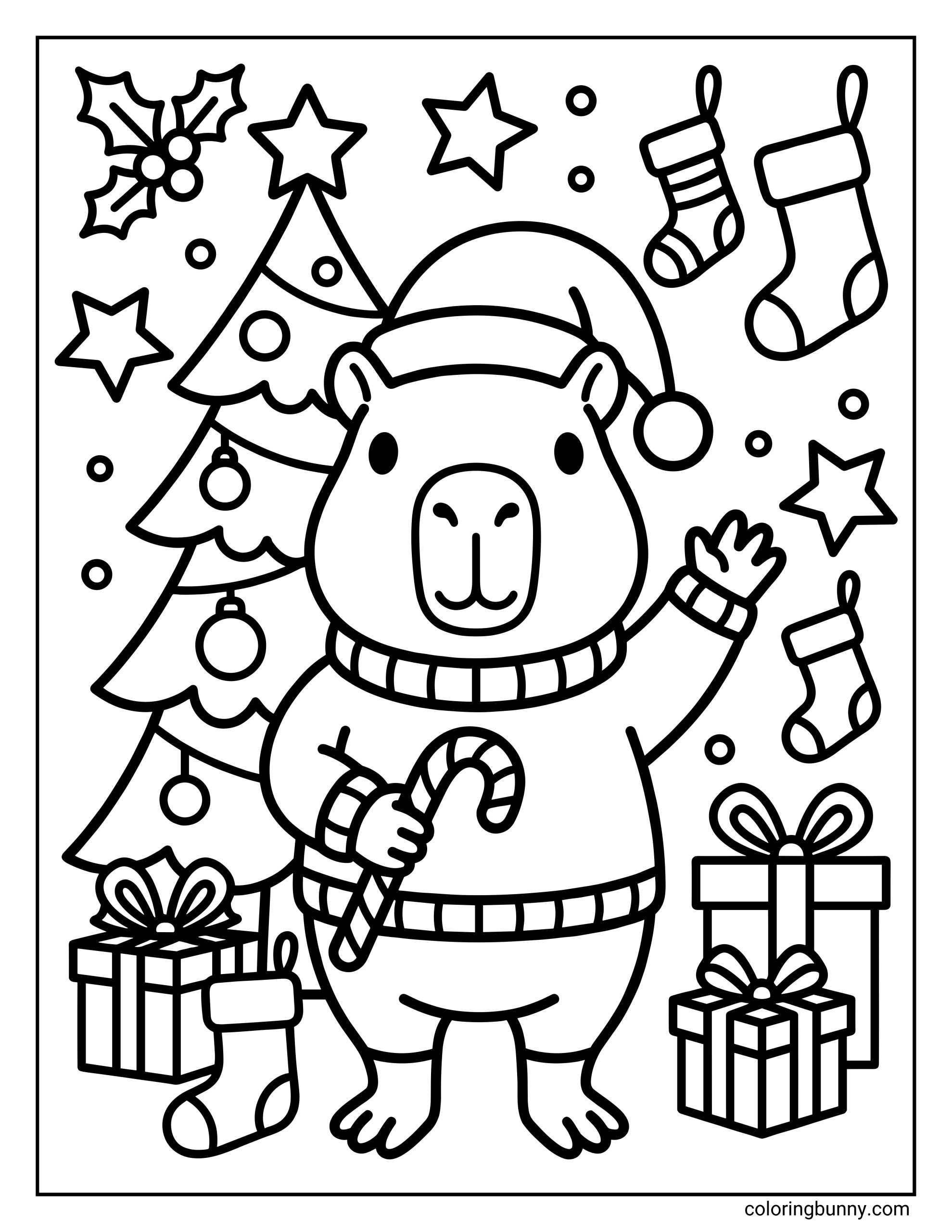 A cozy Christmas coloring page featuring a cheerful capybara wearing a Santa hat and sweater, holding a candy cane, surrounded by a decorated Christmas tree, stockings, wrapped presents, stars, and festive holiday decorations.