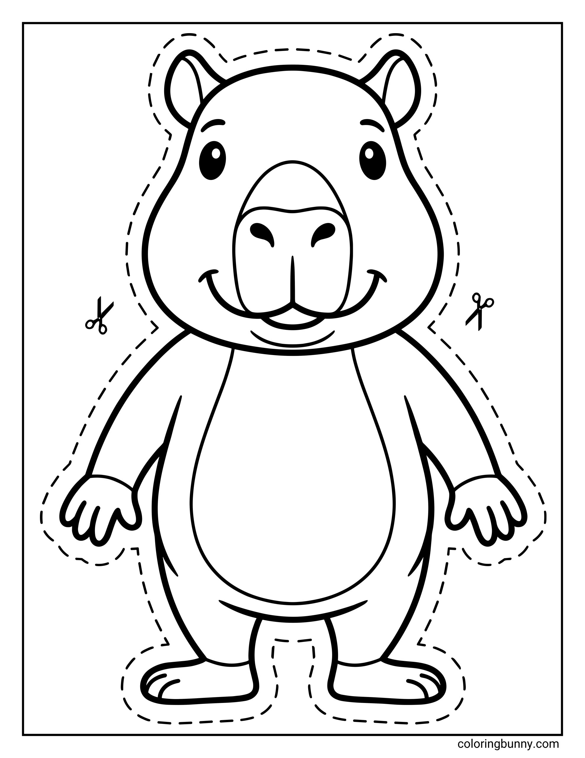 A simple capybara color-and-cut coloring page featuring a full-body capybara with a friendly face, simple shapes, and a dashed outline for cutting, designed as a printable craft activity.