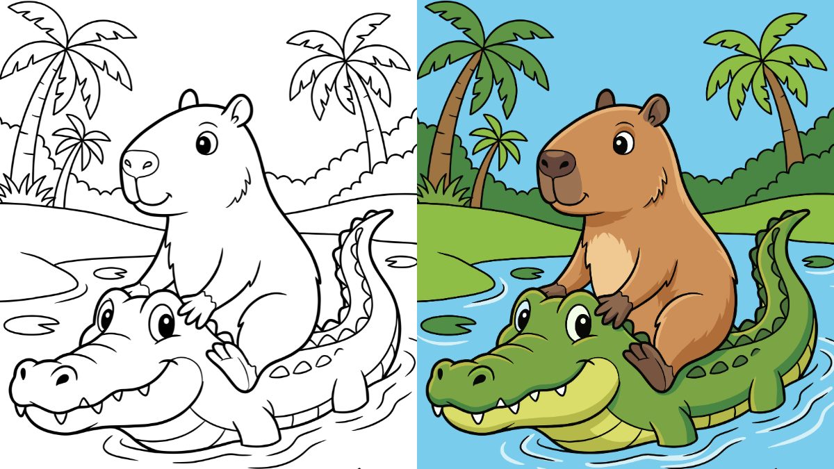 Capybara coloring pages with a Capybara crossing a river on a friendly Alligator's back