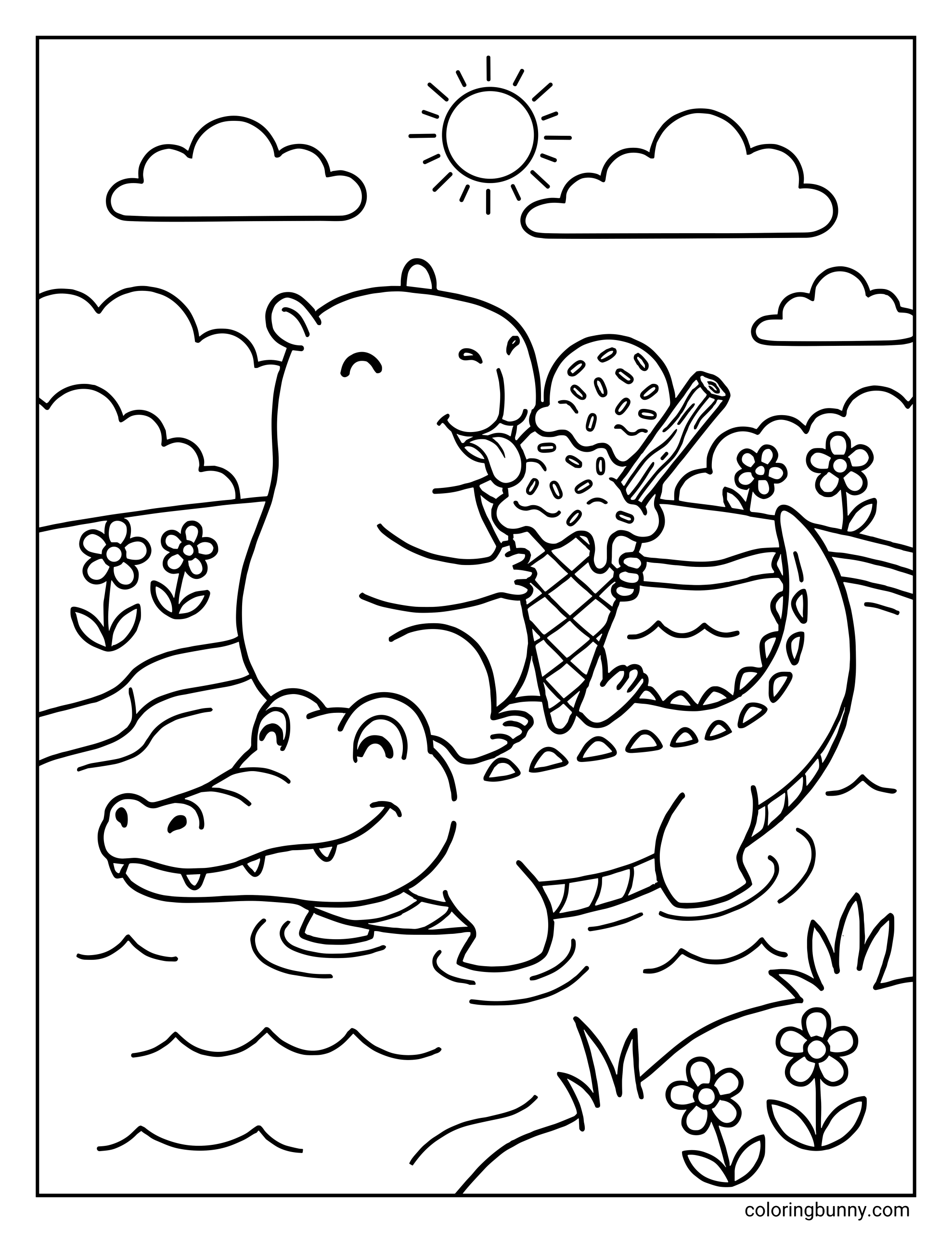 A cute capybara coloring page featuring a happy capybara sitting on the back of a friendly alligator while eating a large ice cream cone, floating through water with flowers, clouds, and a sunny outdoor scene.