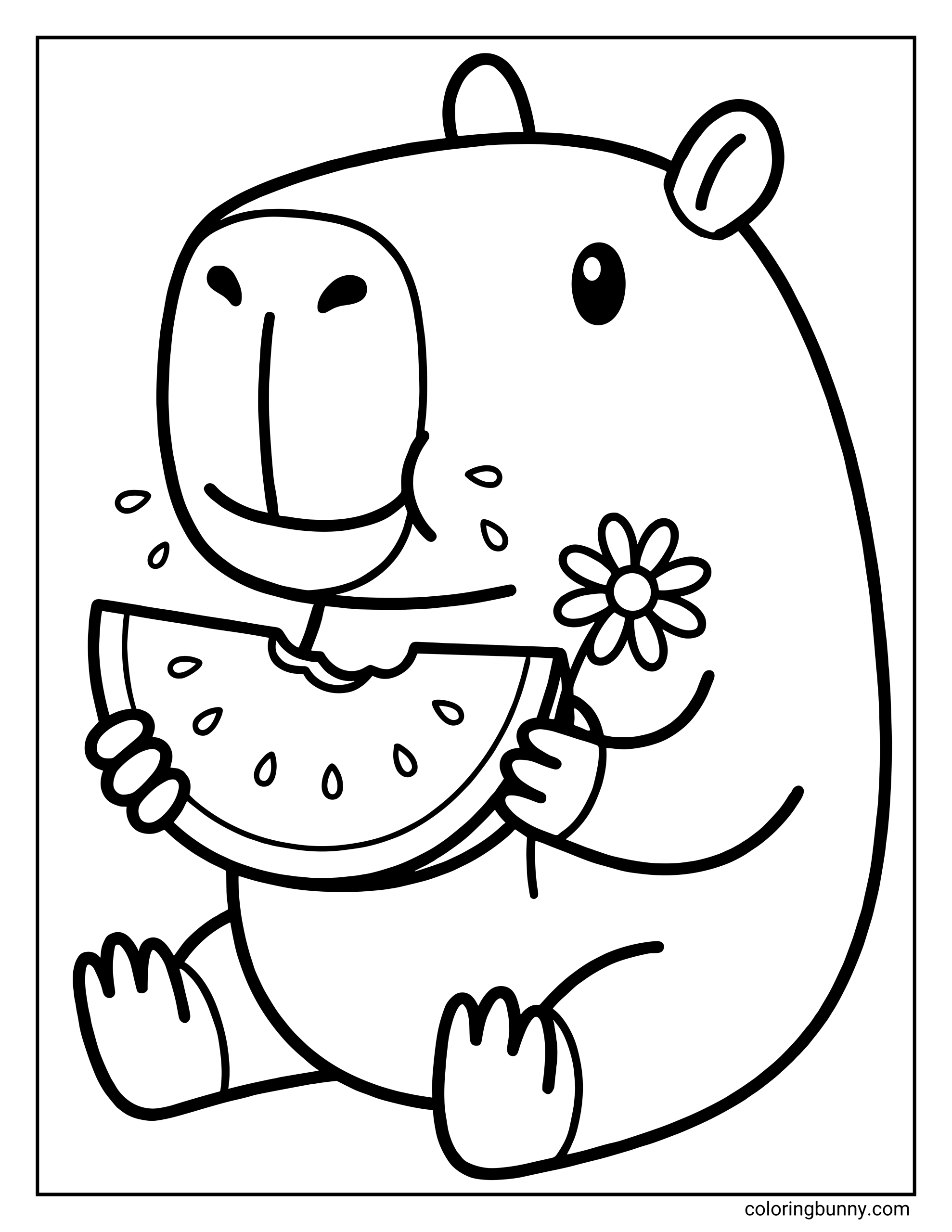 A cute and simple coloring page featuring a happy capybara sitting and eating a slice of watermelon while holding a small flower, with seeds and juice drops adding a playful, cozy feel.