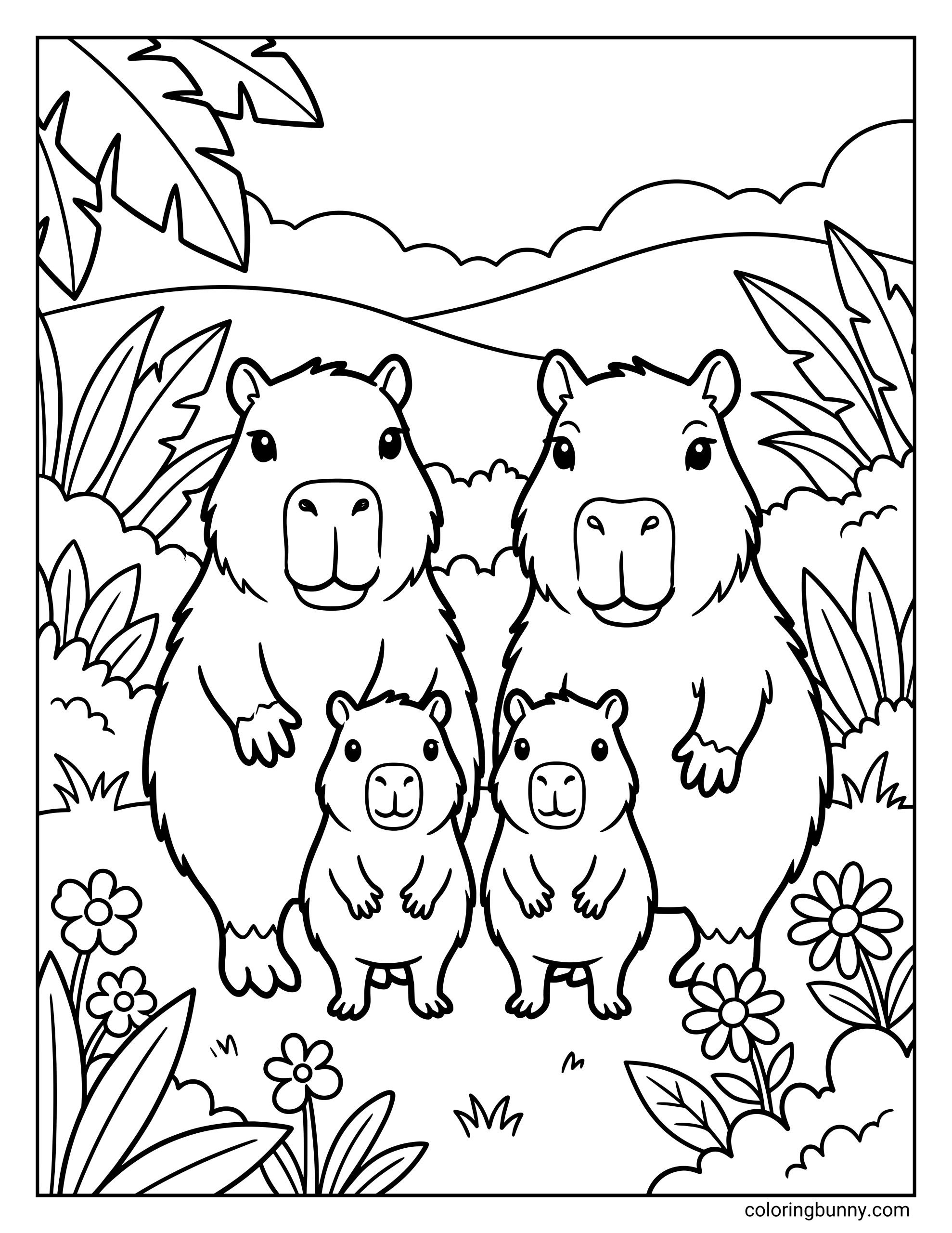 A capybara family coloring page featuring two adult capybaras standing behind two baby capybaras, surrounded by plants, flowers, and a peaceful natural landscape.