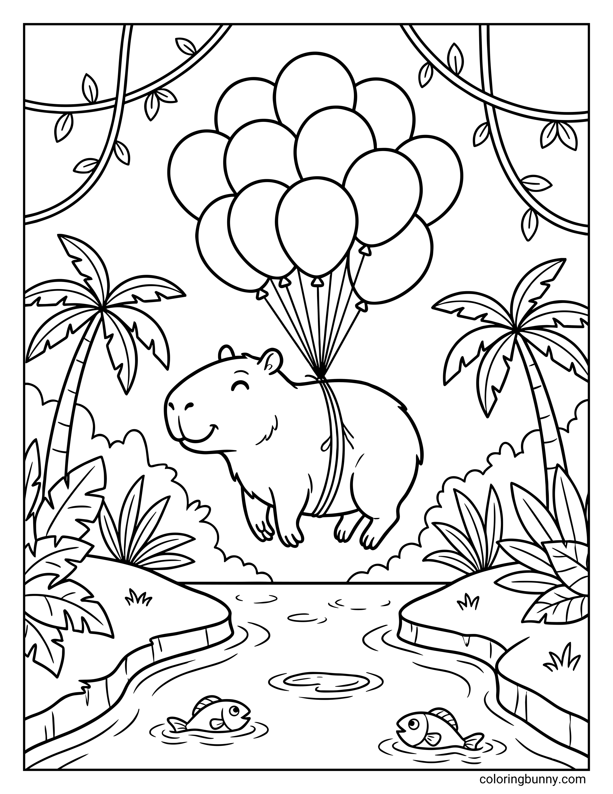 A cute capybara coloring page featuring a smiling capybara floating through the air while holding a bunch of balloons, above a winding river with fish, surrounded by palm trees, plants, and a lush tropical landscape.