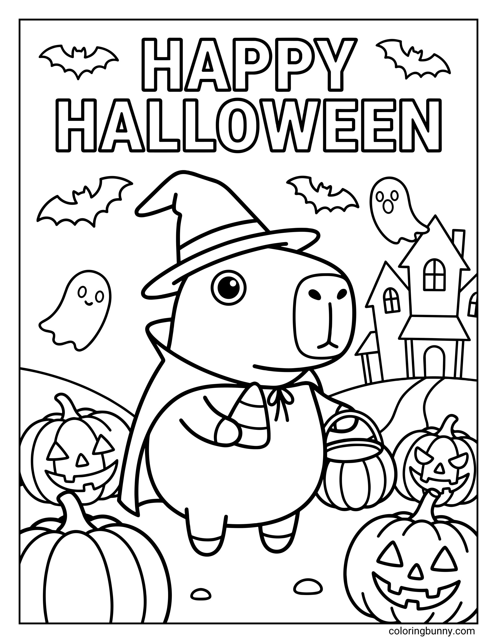 A cute Halloween coloring page featuring a capybara dressed as a witch, wearing a pointed hat and cape, standing among carved pumpkins with bats, friendly ghosts, and a spooky house in the background under the words “Happy Halloween.”