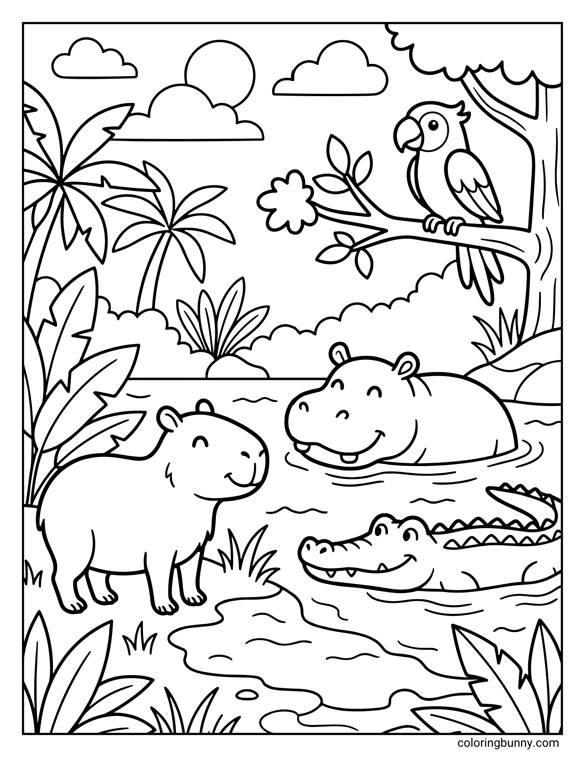 A coloring page featuring a smiling capybara standing on the riverbank, a happy hippo floating in the water, a friendly alligator swimming nearby, and a parrot perched on a tree branch, surrounded by tropical plants, palm trees, clouds, and a muddy puddle.
