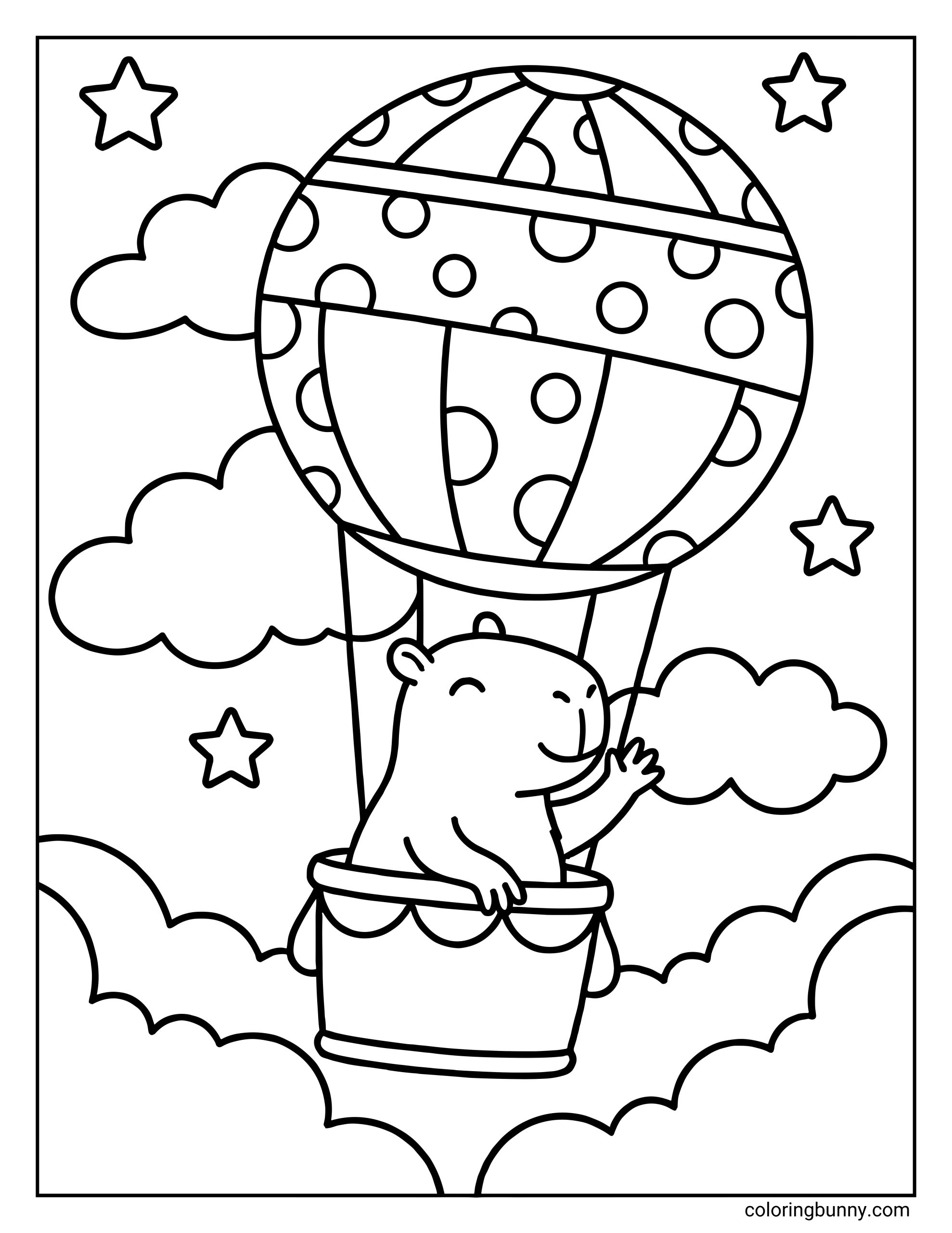 A capybara coloring page featuring a smiling capybara riding in a hot air balloon basket, floating through fluffy clouds and stars, with a patterned balloon above, creating a dreamy and whimsical sky scene.