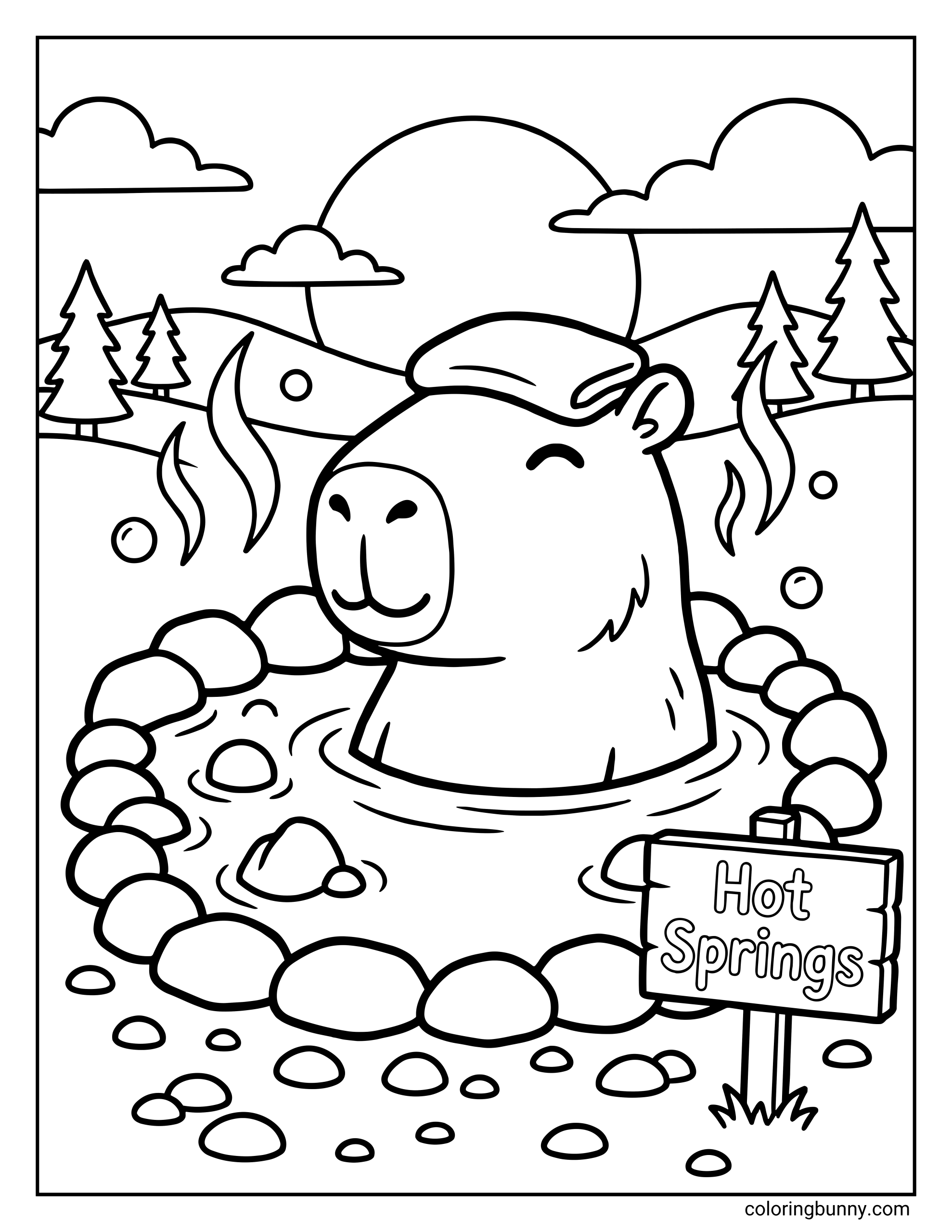 A capybara coloring page featuring a relaxed capybara soaking in a natural hot spring surrounded by smooth stones, rising steam, rolling hills, pine trees, clouds, and a “Hot Springs” sign, creating a calm and cozy outdoor scene.