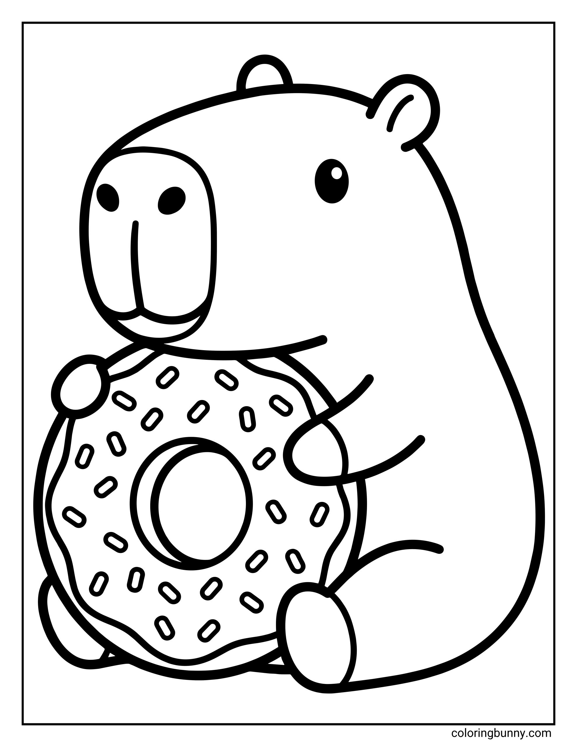 A simple capybara coloring page featuring a happy capybara sitting and hugging a large sprinkled donut, with simple bold outlines and a calm, playful pose.