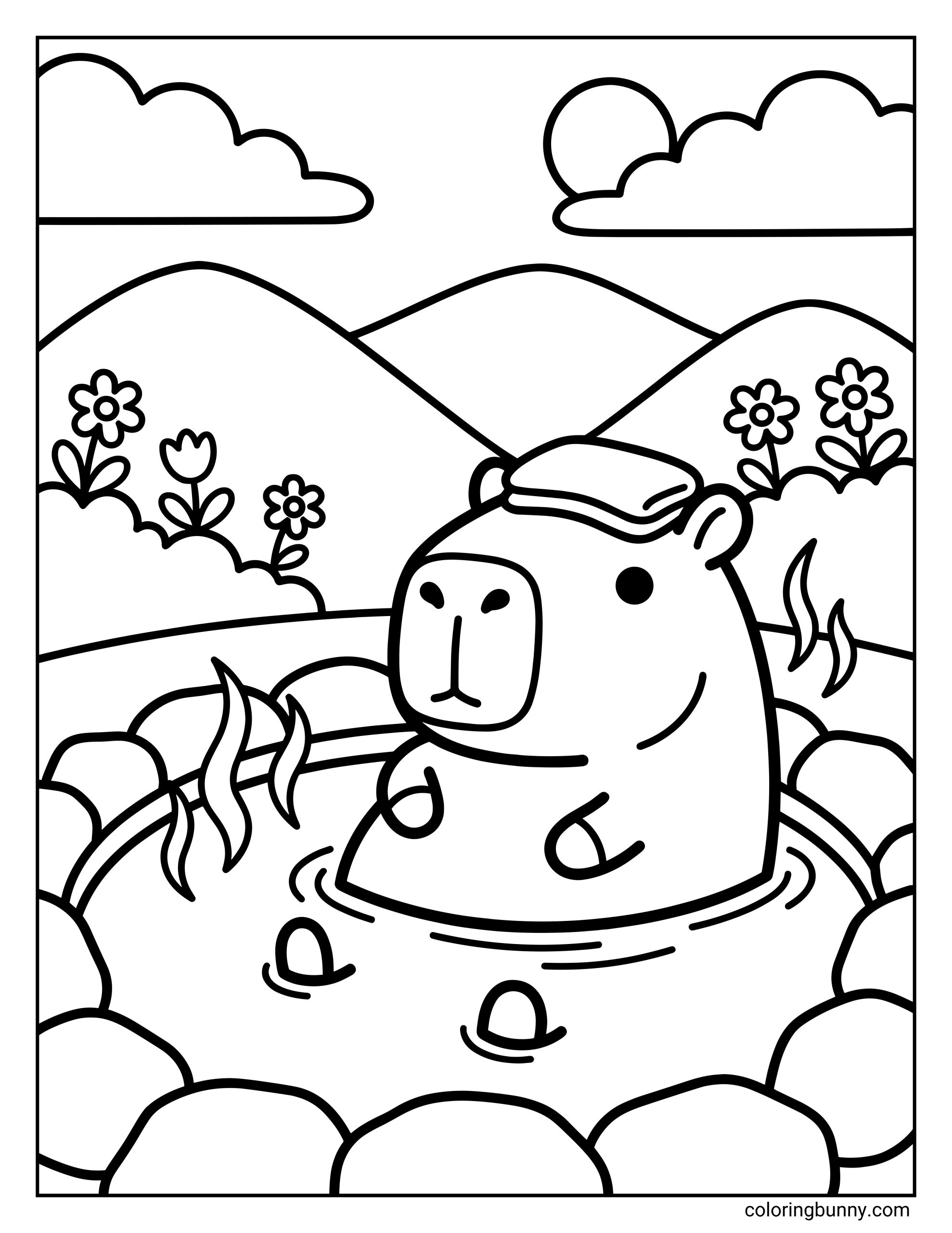 A cute and simple coloring page featuring a relaxed capybara soaking in a warm hot spring, with steam rising from the water, smooth stones around the pool, rolling hills in the background, fluffy clouds, and small flowers creating a peaceful nature scene.