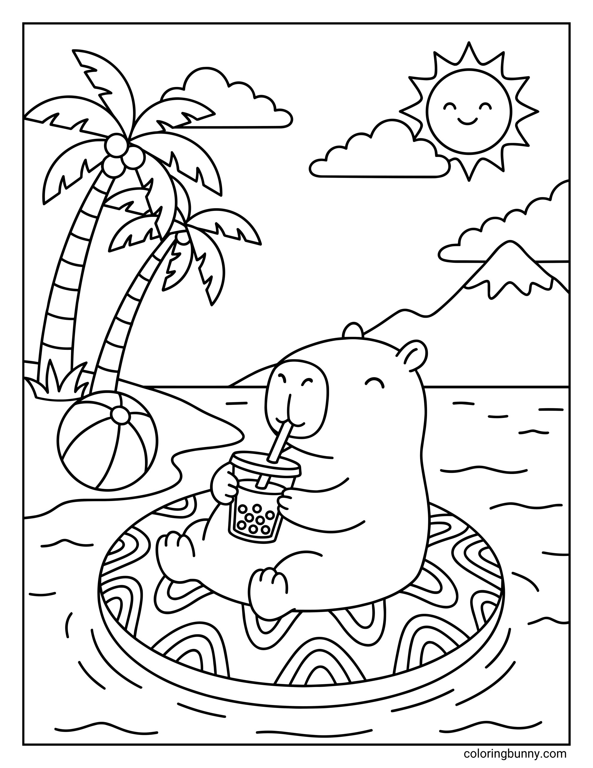 A fun capybara coloring page featuring a happy capybara sitting in a pool ring on the water, sipping a drink through a straw, with palm trees, clouds, a smiling sun, and a beach scene in the background.
