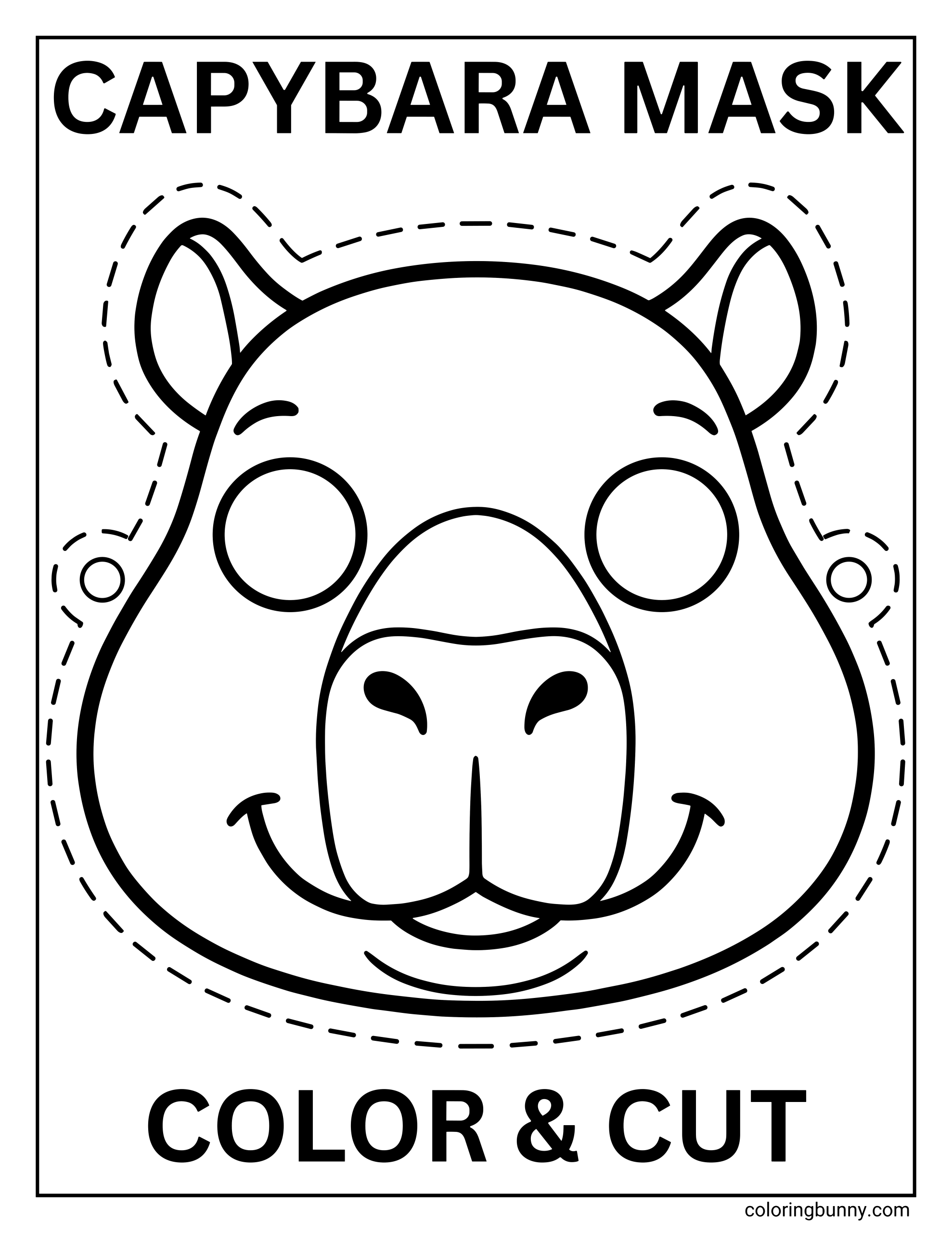 A simple capybara mask coloring page featuring a large, friendly capybara face with rounded ears, simple facial details, eye cutouts, and a dashed outline for cutting, designed as a color-and-cut printable mask.