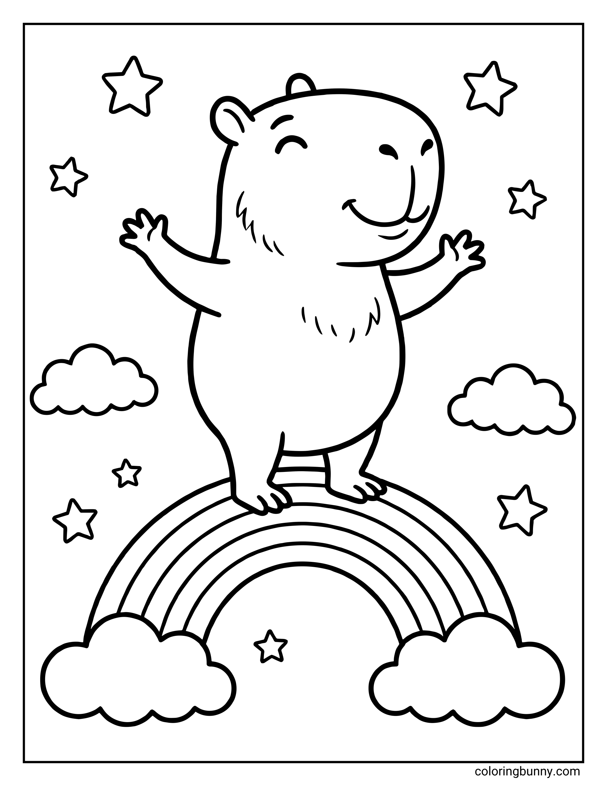 A simple capybara coloring page featuring a happy capybara standing with arms raised on top of a rainbow, surrounded by fluffy clouds and stars, creating a cheerful and dreamy scene.