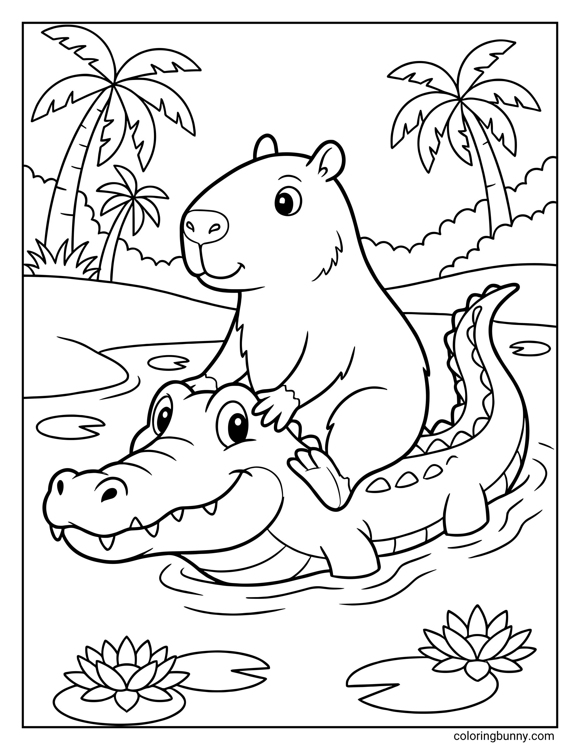 A cute capybara coloring page featuring a calm capybara sitting on the back of a smiling alligator swimming through a river, surrounded by palm trees, water lilies, and a peaceful tropical landscape.