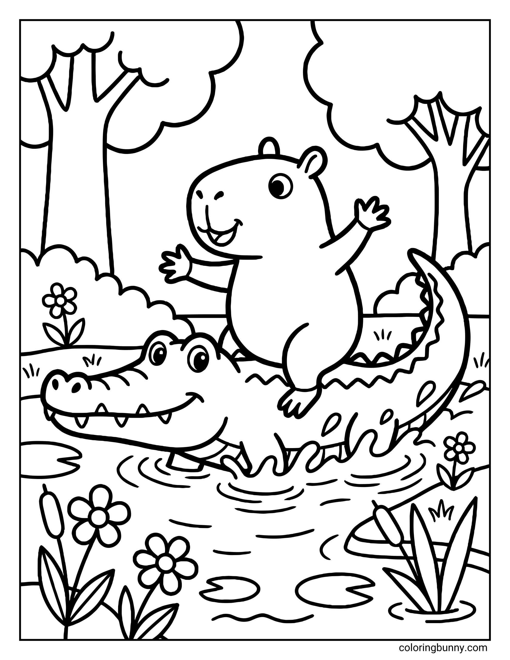 A playful capybara coloring page featuring a cheerful capybara riding on the back of a friendly alligator through shallow water, surrounded by trees, plants, flowers, and a calm outdoor nature scene.