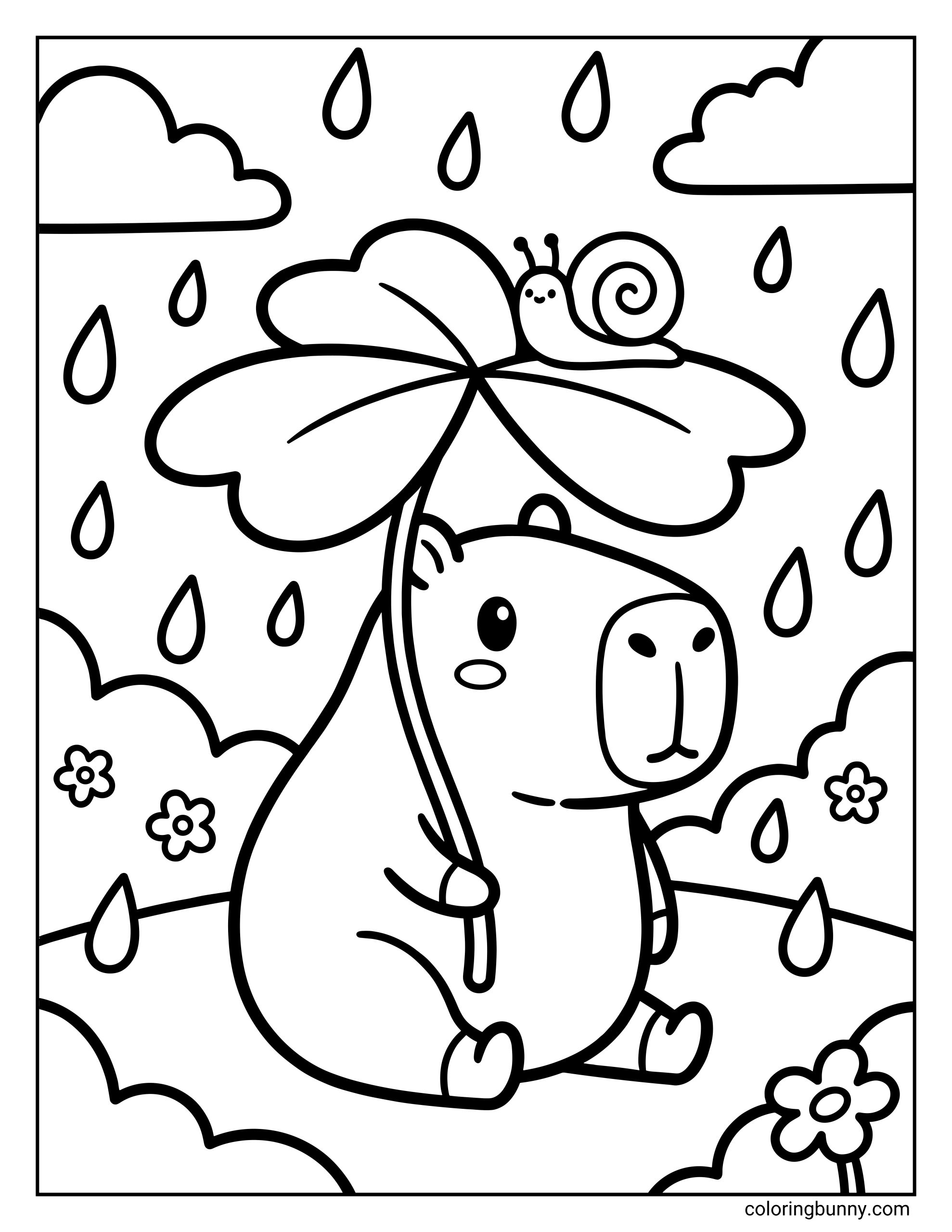 A cute and simple coloring page featuring a calm capybara sitting in the rain, holding a large leaf like an umbrella, with falling raindrops, fluffy clouds, small flowers, and a smiling snail resting on top of the leaf.